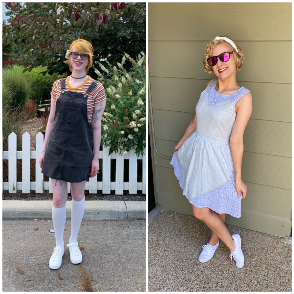 collage of cassandra and casey standing outside. cassandra wears a striped top, denim skirt-jumper, white knee high socks, and white sneakers. casey wears a lavender sleeveless fit and flare dress and white sneakers