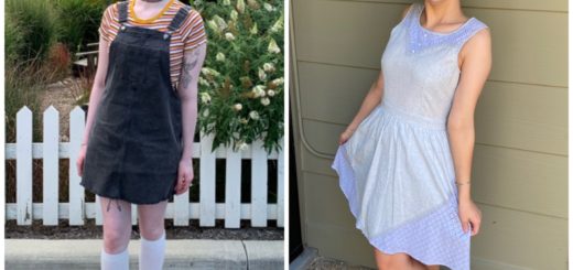 collage of cassandra and casey standing outside. cassandra wears a striped top, denim skirt-jumper, white knee high socks, and white sneakers. casey wears a lavender sleeveless fit and flare dress and white sneakers