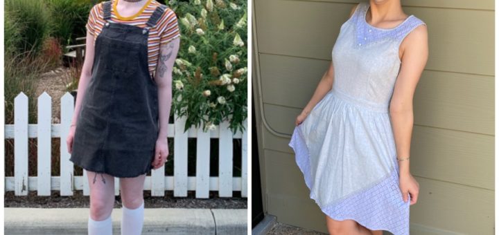 collage of cassandra and casey standing outside. cassandra wears a striped top, denim skirt-jumper, white knee high socks, and white sneakers. casey wears a lavender sleeveless fit and flare dress and white sneakers