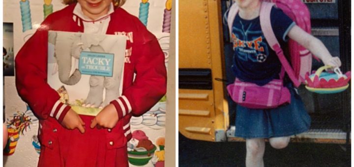 collage of early elementary aged casey and cassandra. casey wears her red and white school uniform and looks up shyly holding a book. cassandra runs out of a school bus with a wide smile and messy hair with a graphic tee and denim skirt