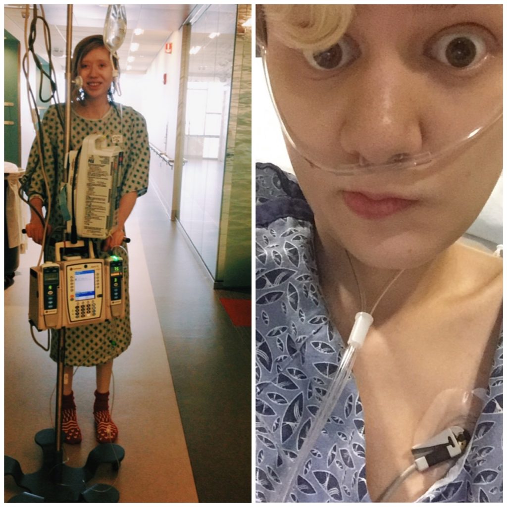 collage of cass and case in the hospital. cassandra (left) stands in a hallway wearing a hospital gown and wheeling an IV stand. case's photo is a selfie in a hospital gown and an oxygen cannula in her nose