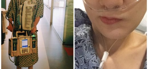 collage of cass and case in the hospital. cassandra (left) stands in a hallway wearing a hospital gown and wheeling an IV stand. case's photo is a selfie in a hospital gown and an oxygen cannula in her nose