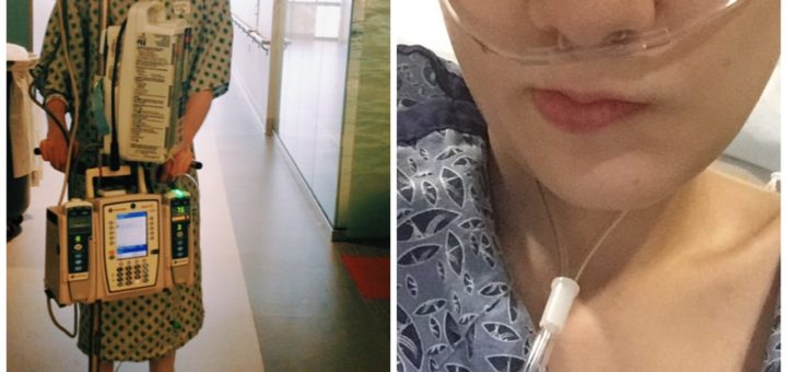 collage of cass and case in the hospital. cassandra (left) stands in a hallway wearing a hospital gown and wheeling an IV stand. case's photo is a selfie in a hospital gown and an oxygen cannula in her nose