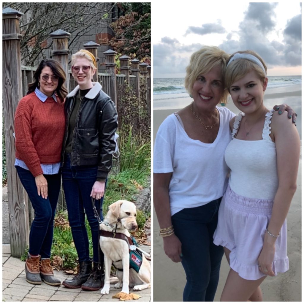 collage of cassandra and casey with their moms. on the left, cassandra and sandra wear sweaters with a garden backdrop, and casey and gaye wear summery outfits on a beach