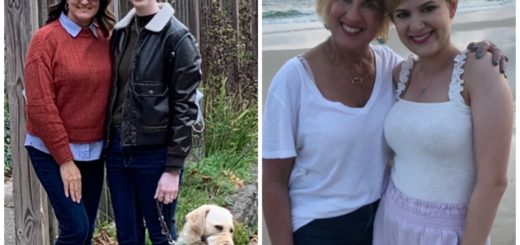 collage of cassandra and casey with their moms. on the left, cassandra and sandra wear sweaters with a garden backdrop, and casey and gaye wear summery outfits on a beach