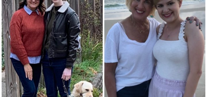 collage of cassandra and casey with their moms. on the left, cassandra and sandra wear sweaters with a garden backdrop, and casey and gaye wear summery outfits on a beach