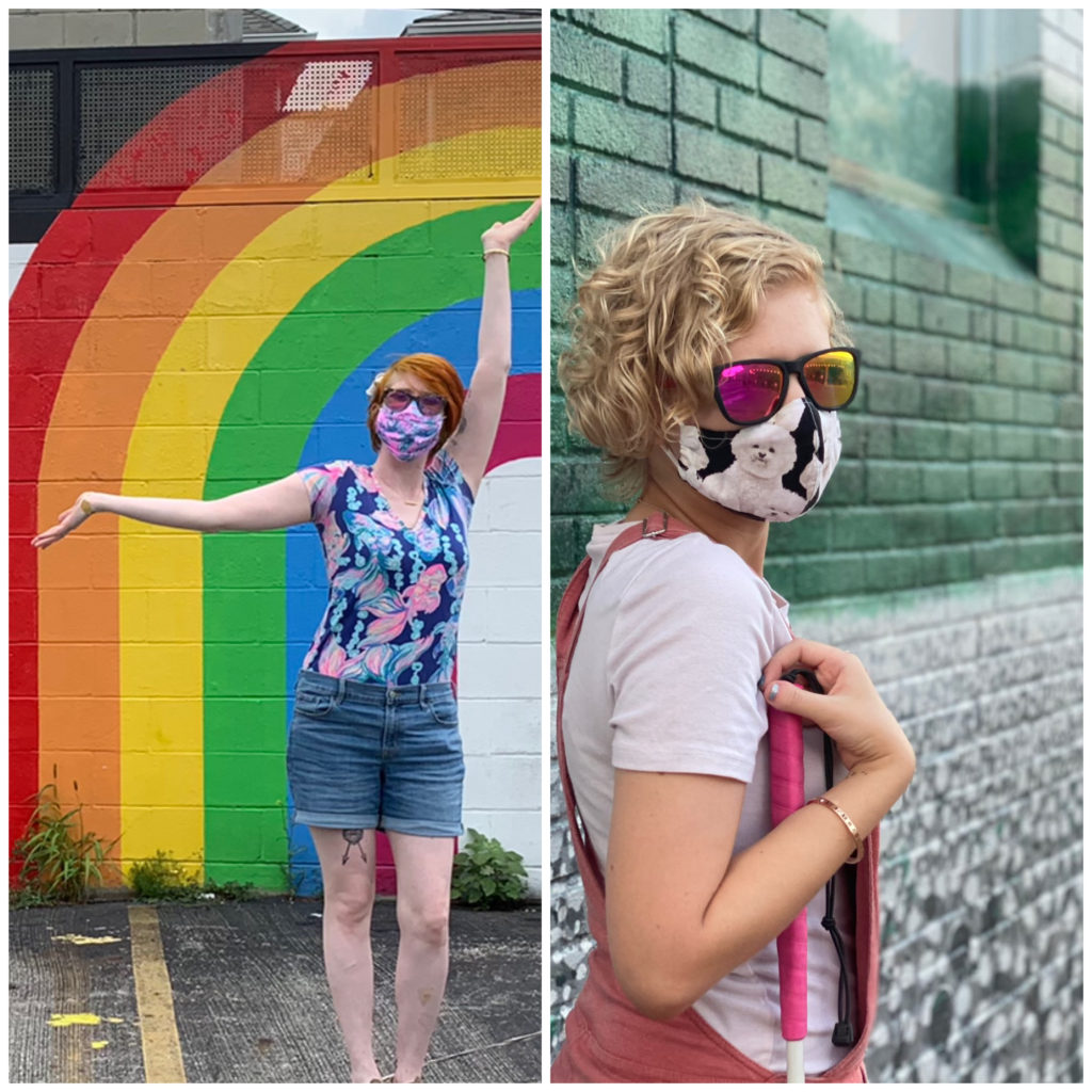 side by side collage of cassandra and casey wearing masks in front of painted brick walls. cass wears a colors shirt and shorts in front of a painted rainbow and raises her arms, and casey has a bichon frise mask in front of a landscape mural