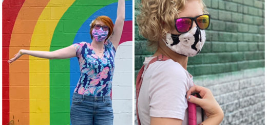 side by side collage of cassandra and casey wearing masks in front of painted brick walls. cass wears a colors shirt and shorts in front of a painted rainbow and raises her arms, and casey has a bichon frise mask in front of a landscape mural