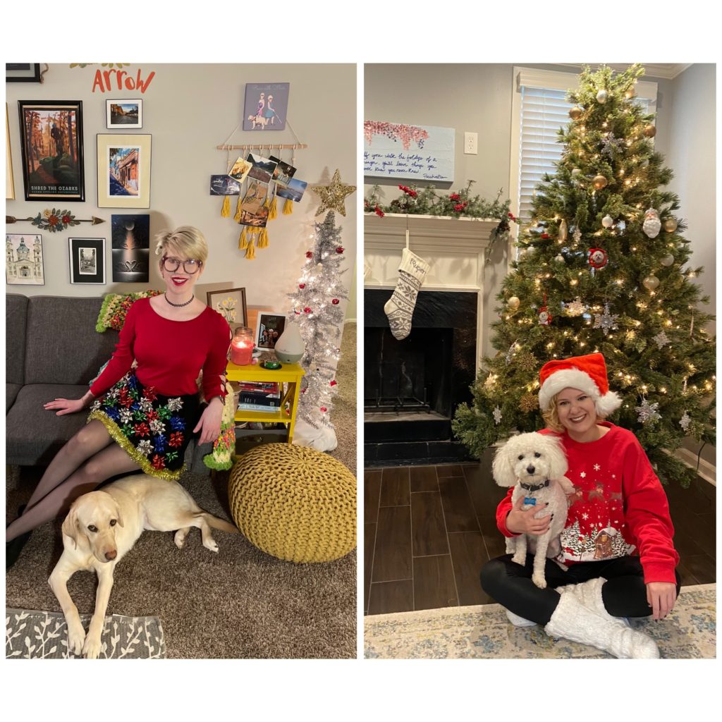 two photo collage of Cass and Case in festive clothes with their dogs. Cass on left has a red top and black skirt with lots of plastic gift bows on it, and Case wears a red christmas sweater and a santa hat. both women pose with their dogs