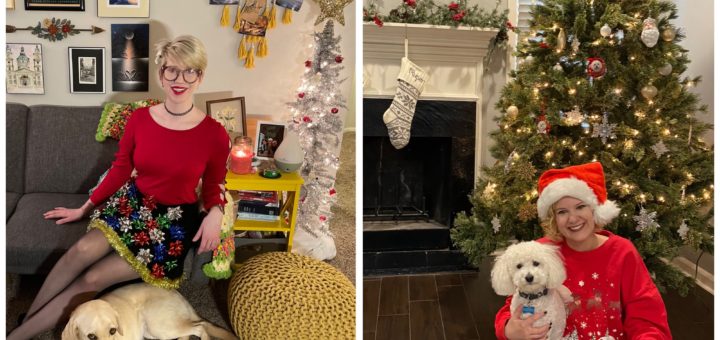 two photo collage of Cass and Case in festive clothes with their dogs. Cass on left has a red top and black skirt with lots of plastic gift bows on it, and Case wears a red christmas sweater and a santa hat. both women pose with their dogs