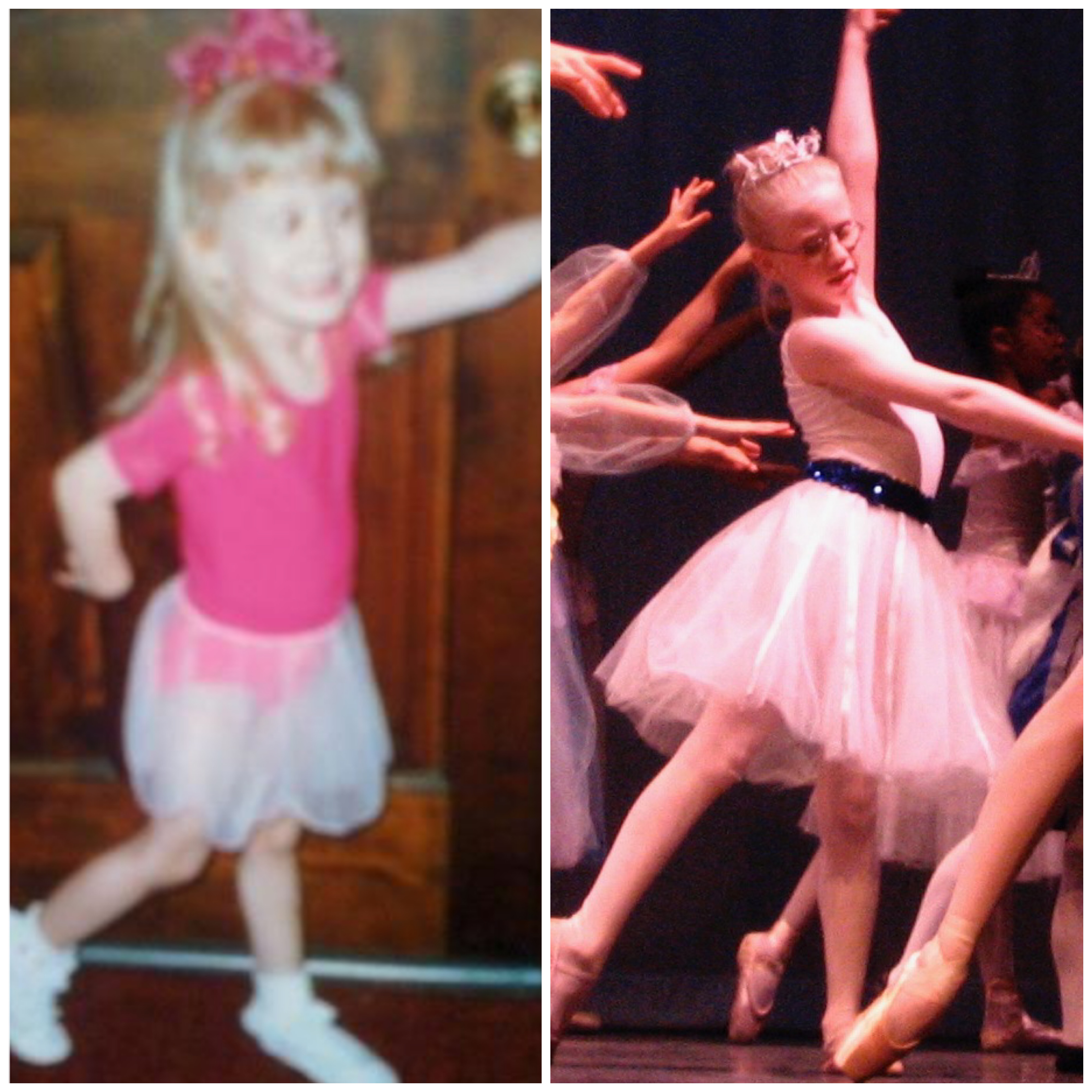 a two photo collage of Casey (left) and Cassandra (right) doing ballet as children. Casey, roughly five, wears a tutu and lifts an arm while crossing the other over her body. Cass, roughly seven, is performing onstage with other dancers in the same position as casey in the photo