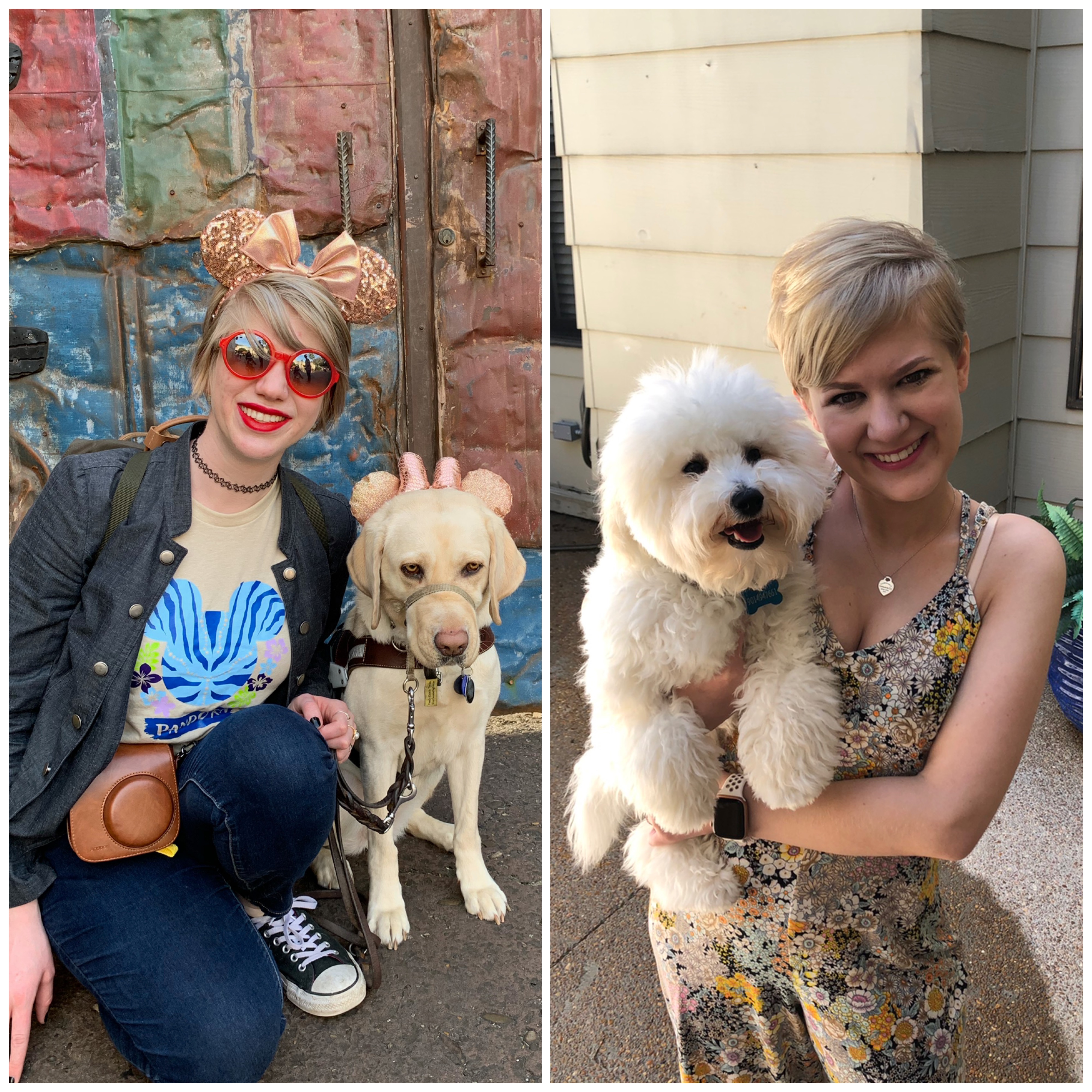 collage of Cass and Ro (left) wearing matching rose gold minnie ears at walt disney world with romana in harness, and Case and Ru (right) with casey holding rupert and leaning her head in to meet his