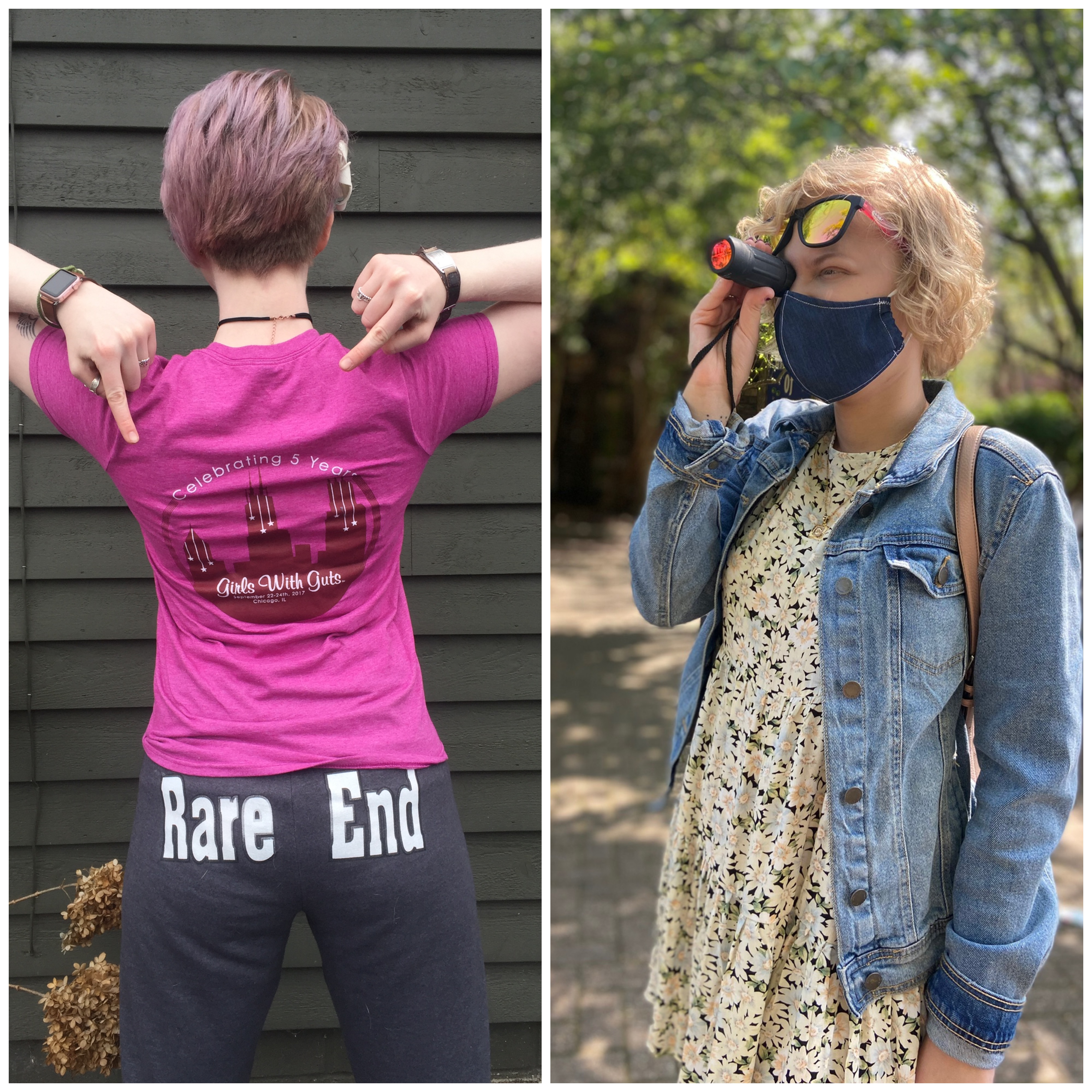 side by side collage of cass and case. cass's back is shown as she points her thumbs down toward the rear of her sweatpants that read "rare end." case uses a monocular and wears a black mask, a floral dress, and a denim jacket