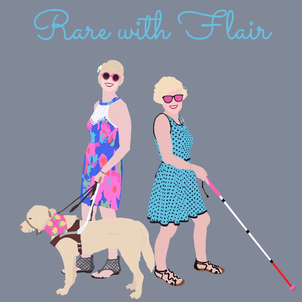 Rare with Flair logo of cartoonized Cassandra (left) and Casey (right). Both are wearing colorful dresses, and Cass holds yellow lab guide dog Romana's harness and leash while Case holds a pink cane