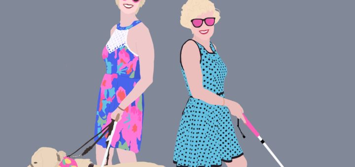 Rare with Flair logo of cartoonized Cassandra (left) and Casey (right). Both are wearing colorful dresses, and Cass holds yellow lab guide dog Romana's harness and leash while Case holds a pink cane