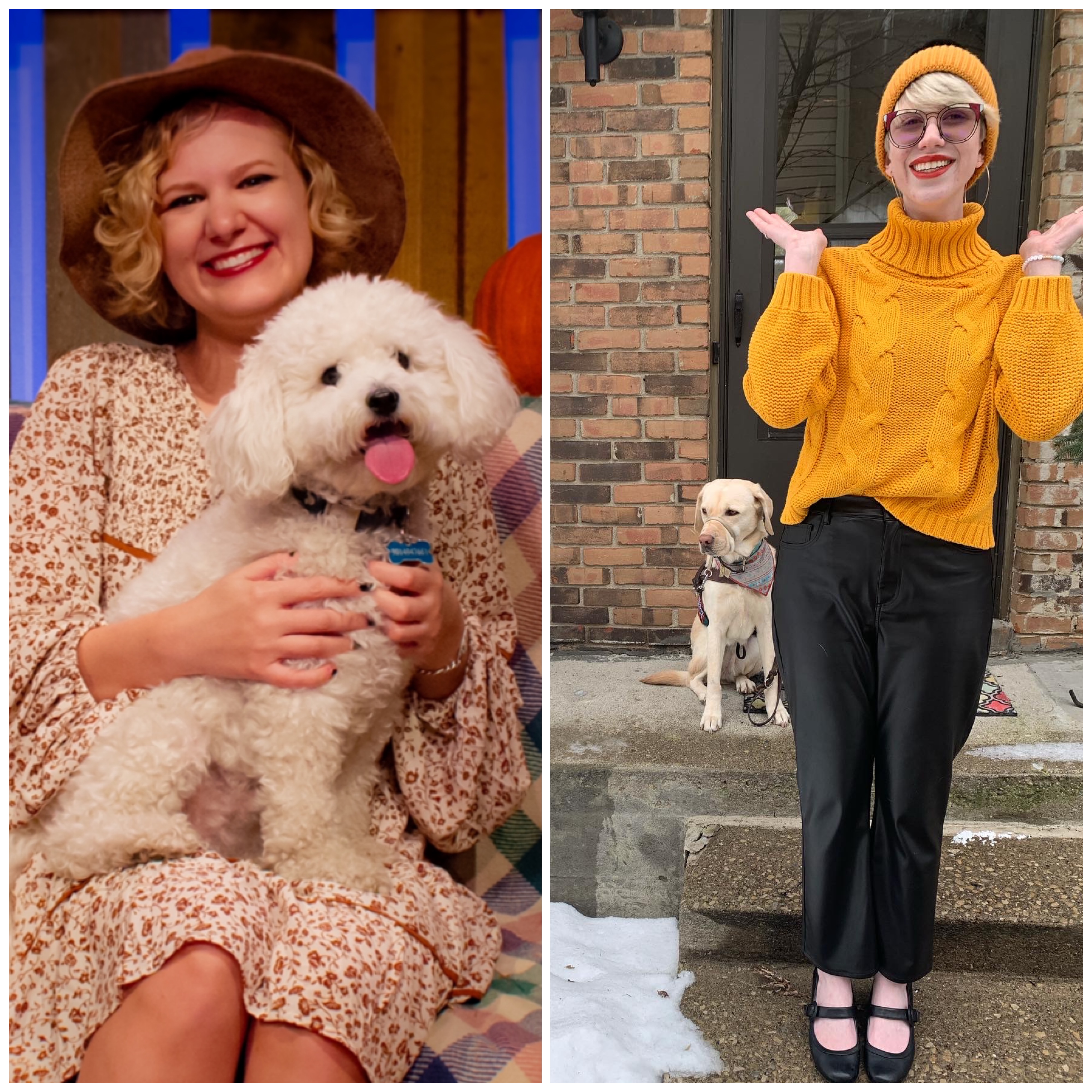 side by side collage of casey (left) and cass (right). casey wears a wide brimmed hat and floral dress while holding her bichon frise rupert. cassandra wears a chunky knit yellow turtleneck and lifts her hands with her yellow lab romana sitting behind her