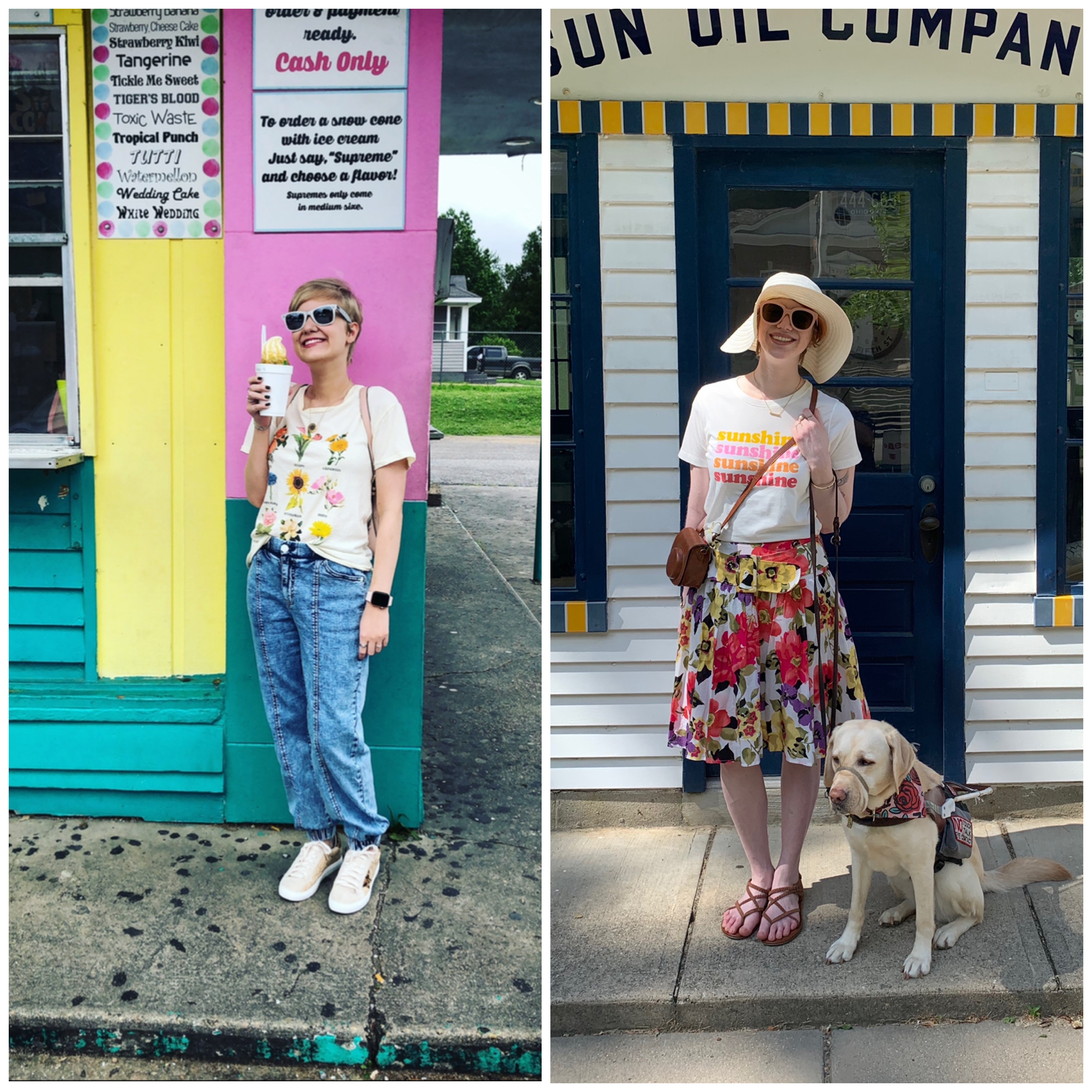 collage of casey (left) and cassandra (right) wearing sunglasses. casey holds an ice cream in a cup, tilting her head up and standing in front of colorful siding. cass smiles with a wide brimmed hat and sunglasses with her guide dog romana