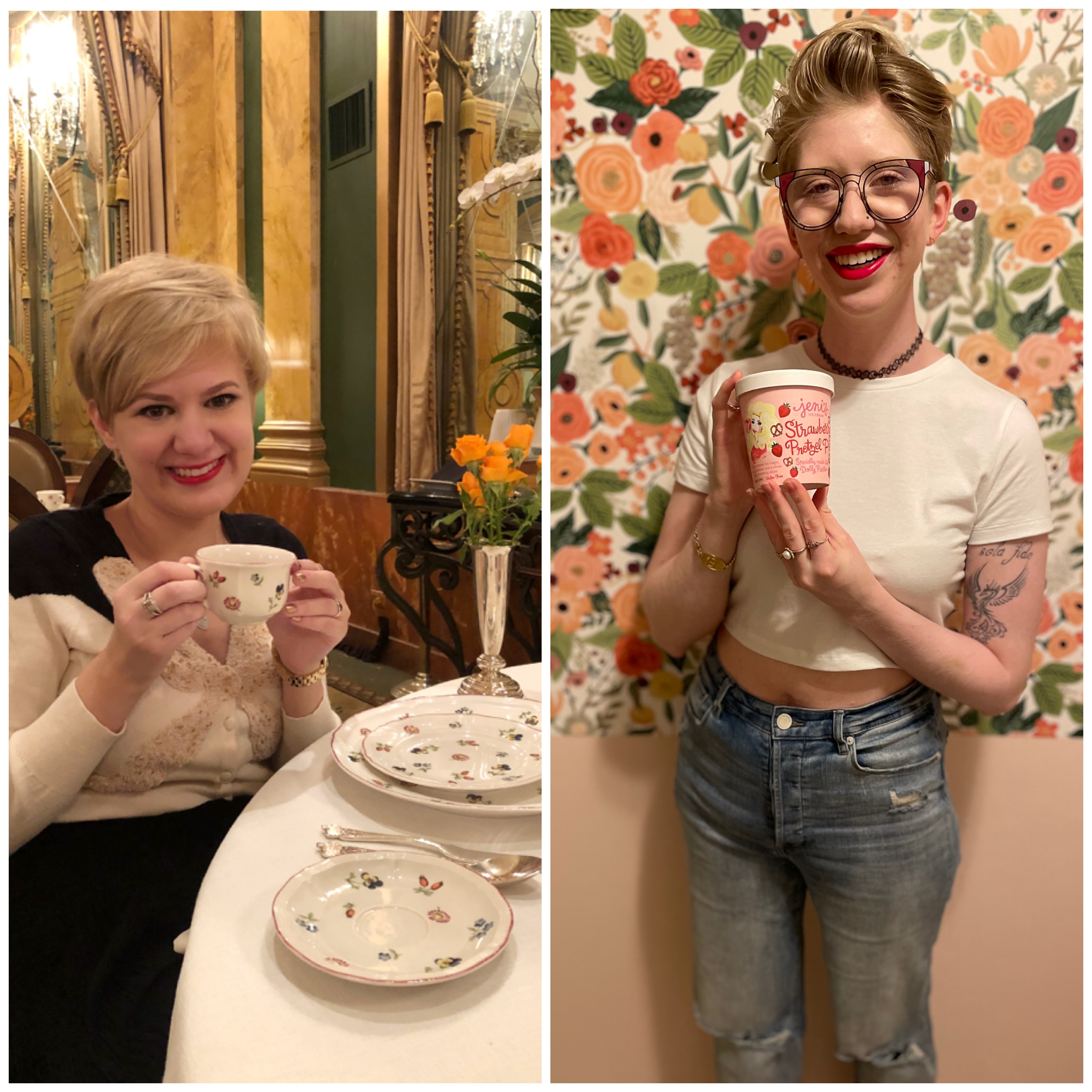 side by side collage of casey (left) and cassandra (right). casey sits at a table and holds a white teacup full of chai tea and smiles at the camera. cassandra stands in front of pink floral wallpaper and smiles as she holds a pink pint of ice cream