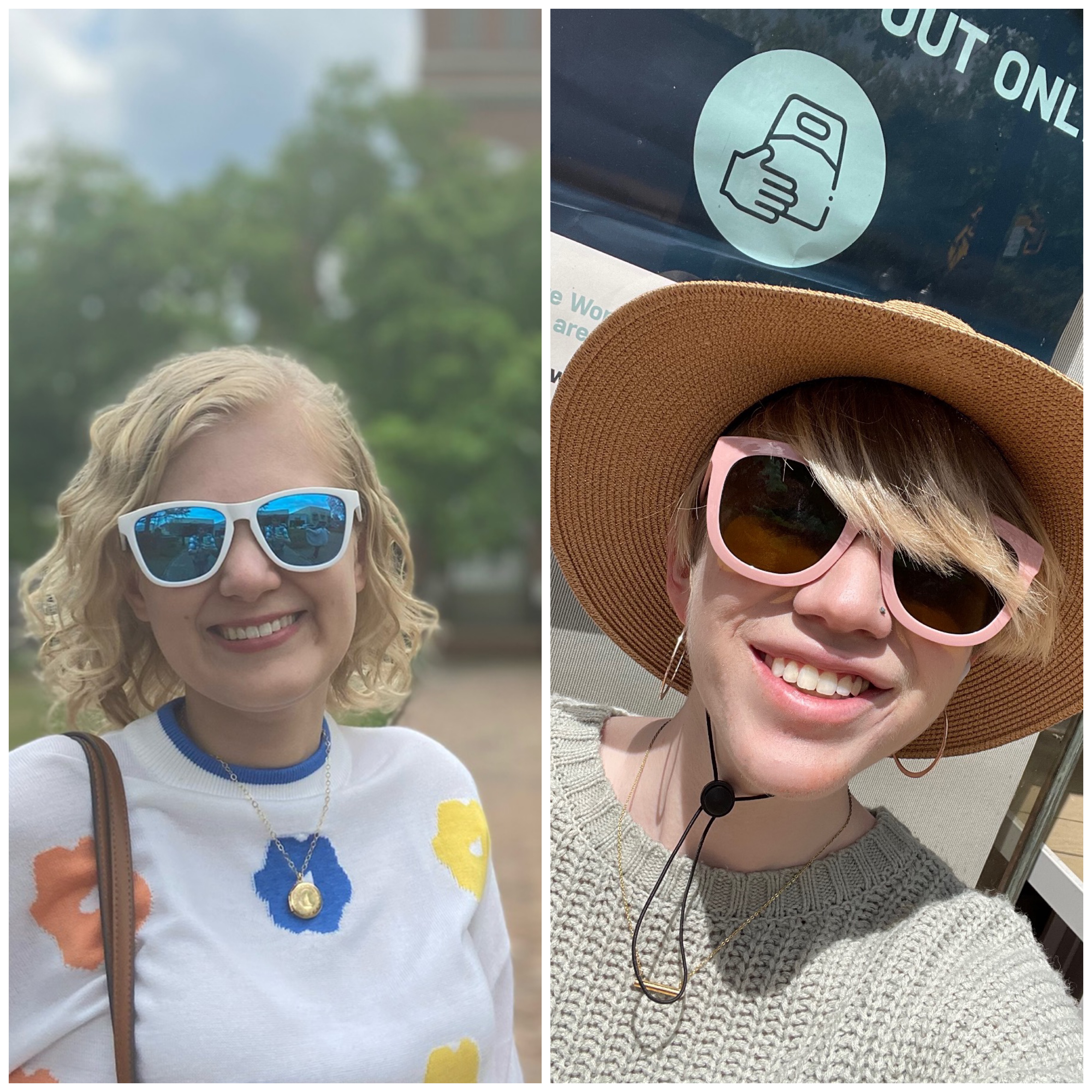 side by side collage of casey and cassandra. casey (left) wears white sunglasses and a white sweater with orange, blue, and yellow flowers. cassandra wears pink sunglasses and a wide brimmed hat with a knit top