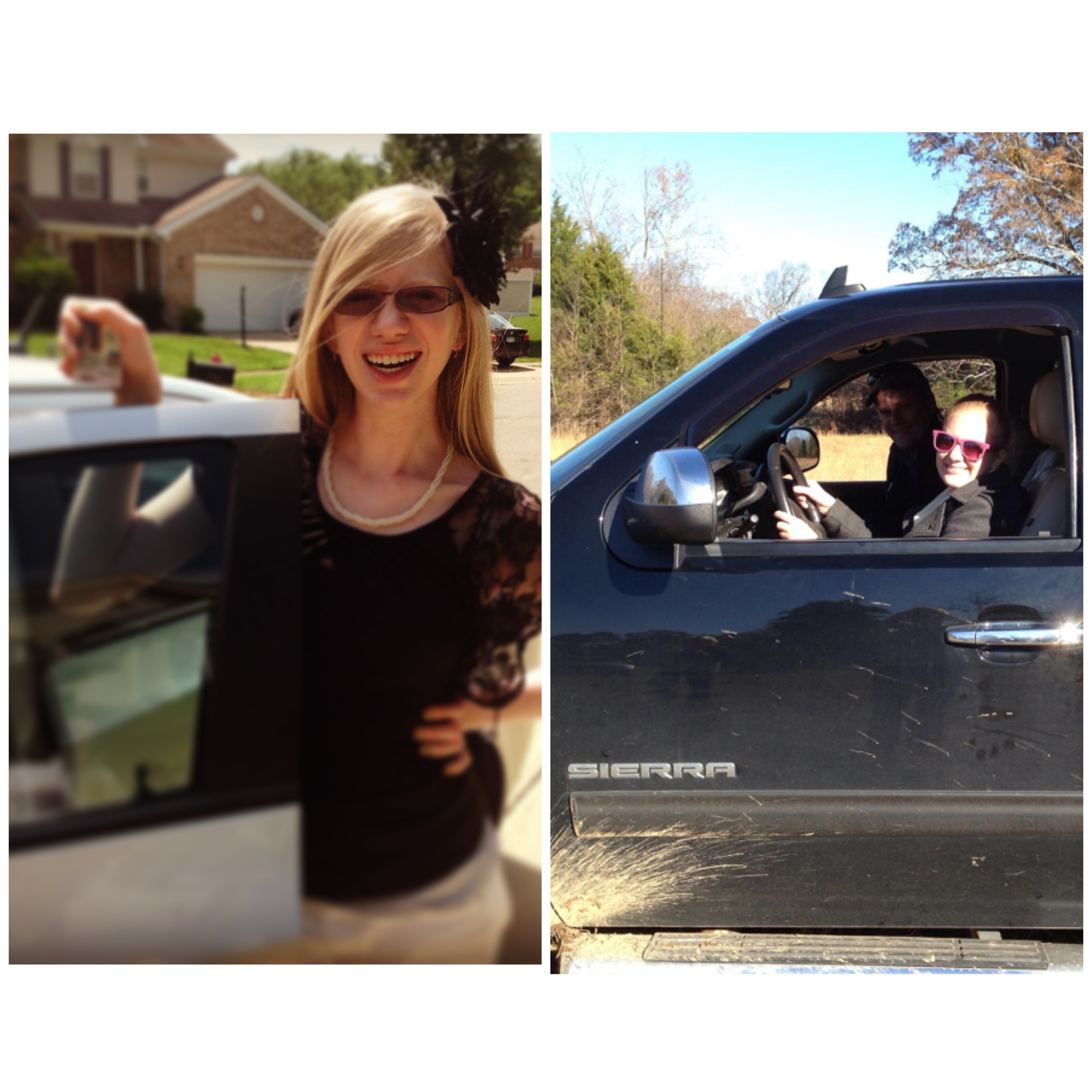 collage of a teen cassandra (left) and casey (right). cassandra leans against an open car door and holds her state ID and smiles, although all but her face has a blurred effect. casey sits in the driver's seat of a black pickup truck and looks out the open window smiling with her dad in the passenger's seat