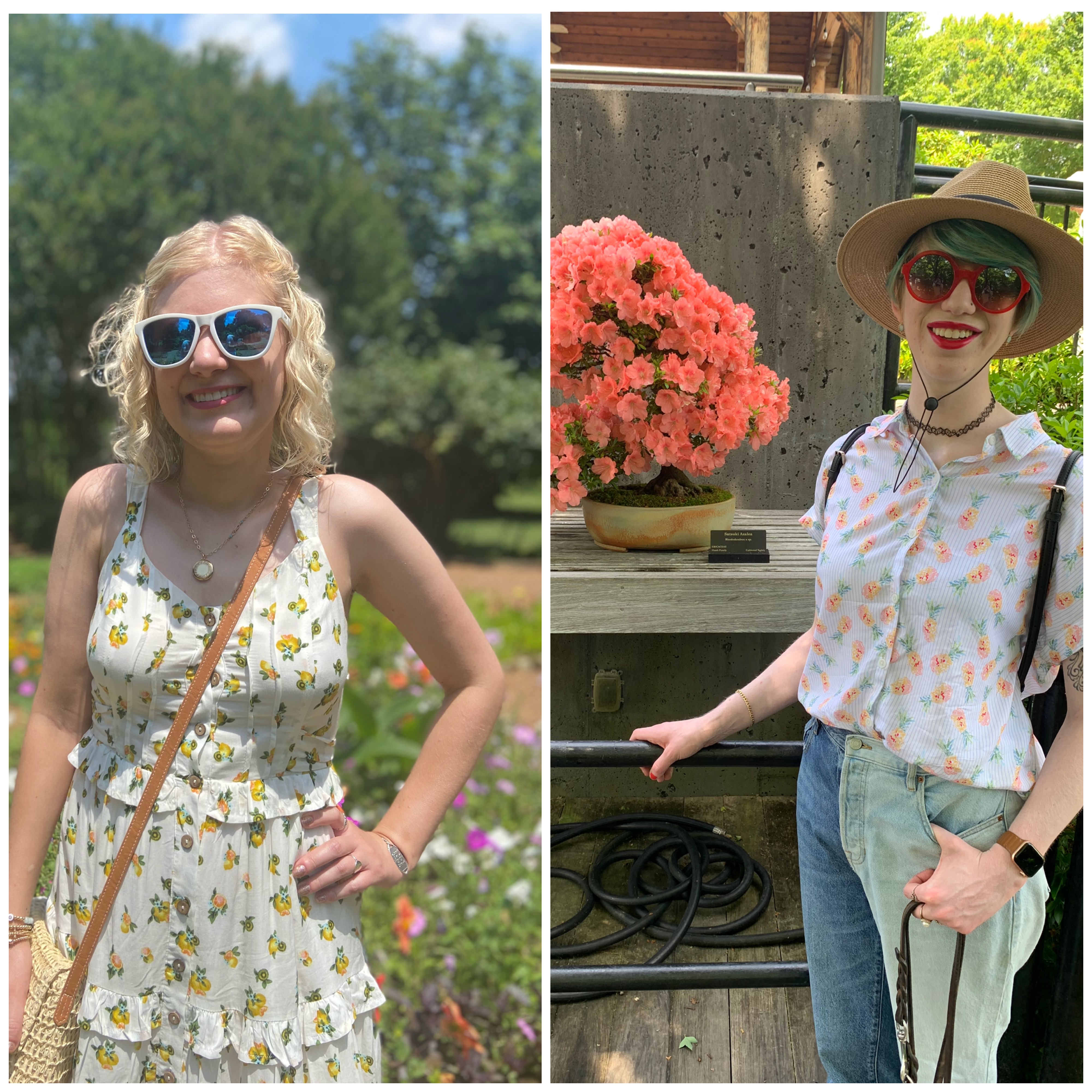 collage of case (left) and cass (right) stand outside in the sun. casey wears sunglasses and a dress with lemons while smiling at the camera. cassandra stands by a pink bonsai tree and wears a brimmed hat, sunglasses, and a collared shirt with pineapples