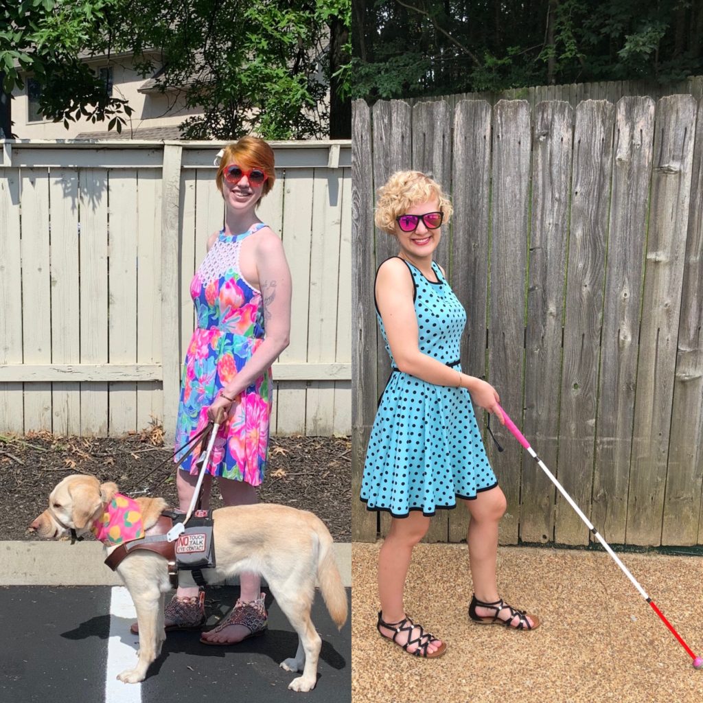 two photo collage of cassandra (left) and casey (right). cassandra has red hair and a colorful dress like in our artwork. she stands with her body facing left and her face turned to the camera, smiling, while yellow lab guide dog romana is at her side facing left. ro has a pink bandana and cass holds the harness handle. case wear a blue dress with black polka dots. she has blonde, chin length wavy hair and her body faces right with her face turned to the camera. she holds her white cane with a hot pink grip in front of her body