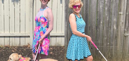 two photo collage of cassandra (left) and casey (right). cassandra has red hair and a colorful dress like in our artwork. she stands with her body facing left and her face turned to the camera, smiling, while yellow lab guide dog romana is at her side facing left. ro has a pink bandana and cass holds the harness handle. case wear a blue dress with black polka dots. she has blonde, chin length wavy hair and her body faces right with her face turned to the camera. she holds her white cane with a hot pink grip in front of her body