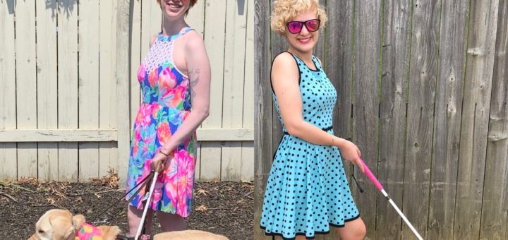 two photo collage of cassandra (left) and casey (right). cassandra has red hair and a colorful dress like in our artwork. she stands with her body facing left and her face turned to the camera, smiling, while yellow lab guide dog romana is at her side facing left. ro has a pink bandana and cass holds the harness handle. case wear a blue dress with black polka dots. she has blonde, chin length wavy hair and her body faces right with her face turned to the camera. she holds her white cane with a hot pink grip in front of her body