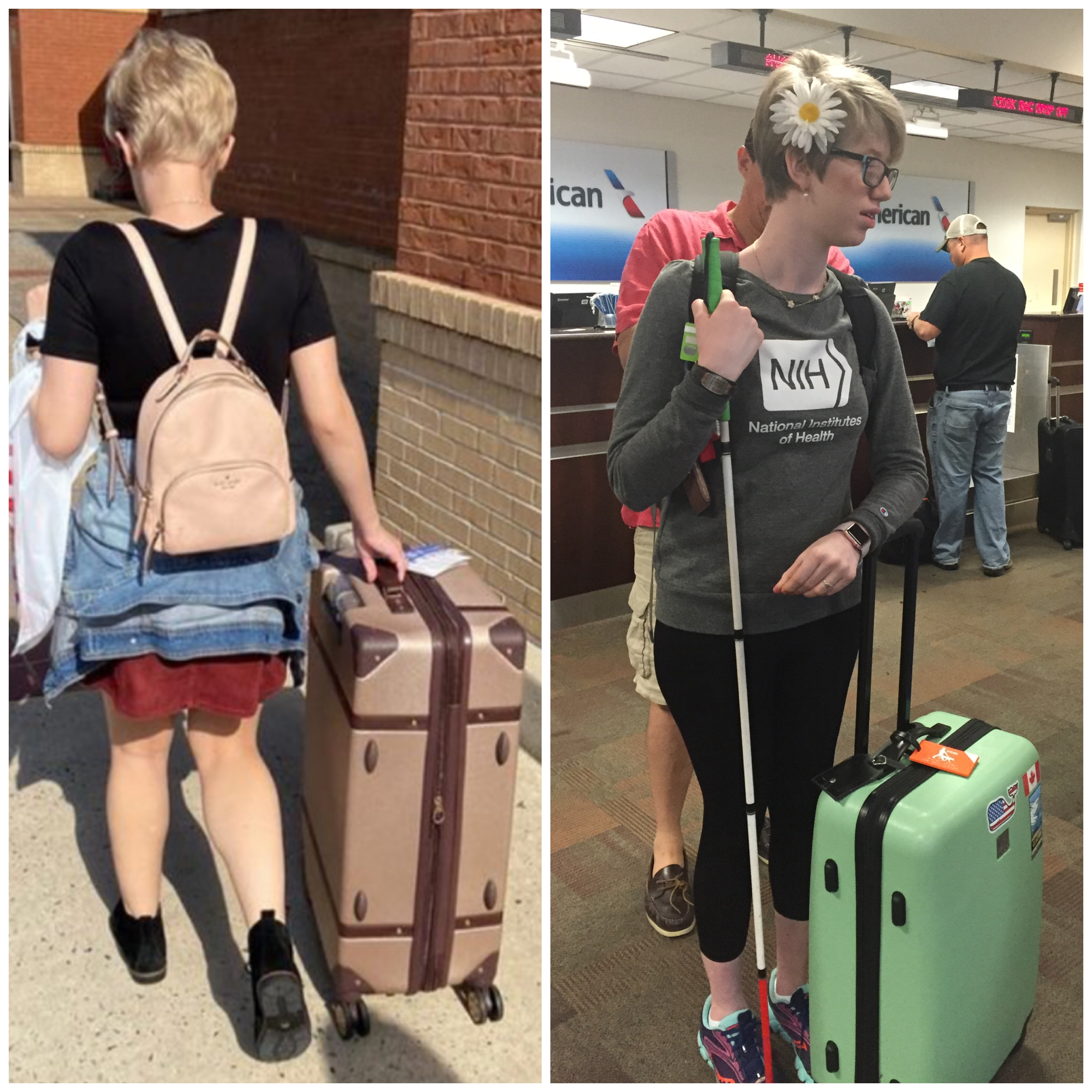 collage of Casey (left) and cassandra (right) with suitcases in tow. Case walks away from the camera, toting a rose gold suitcase and wears a blush pink mini backpack. cassandra holds her cane and looks off to the right, her light green suitcase in front of her