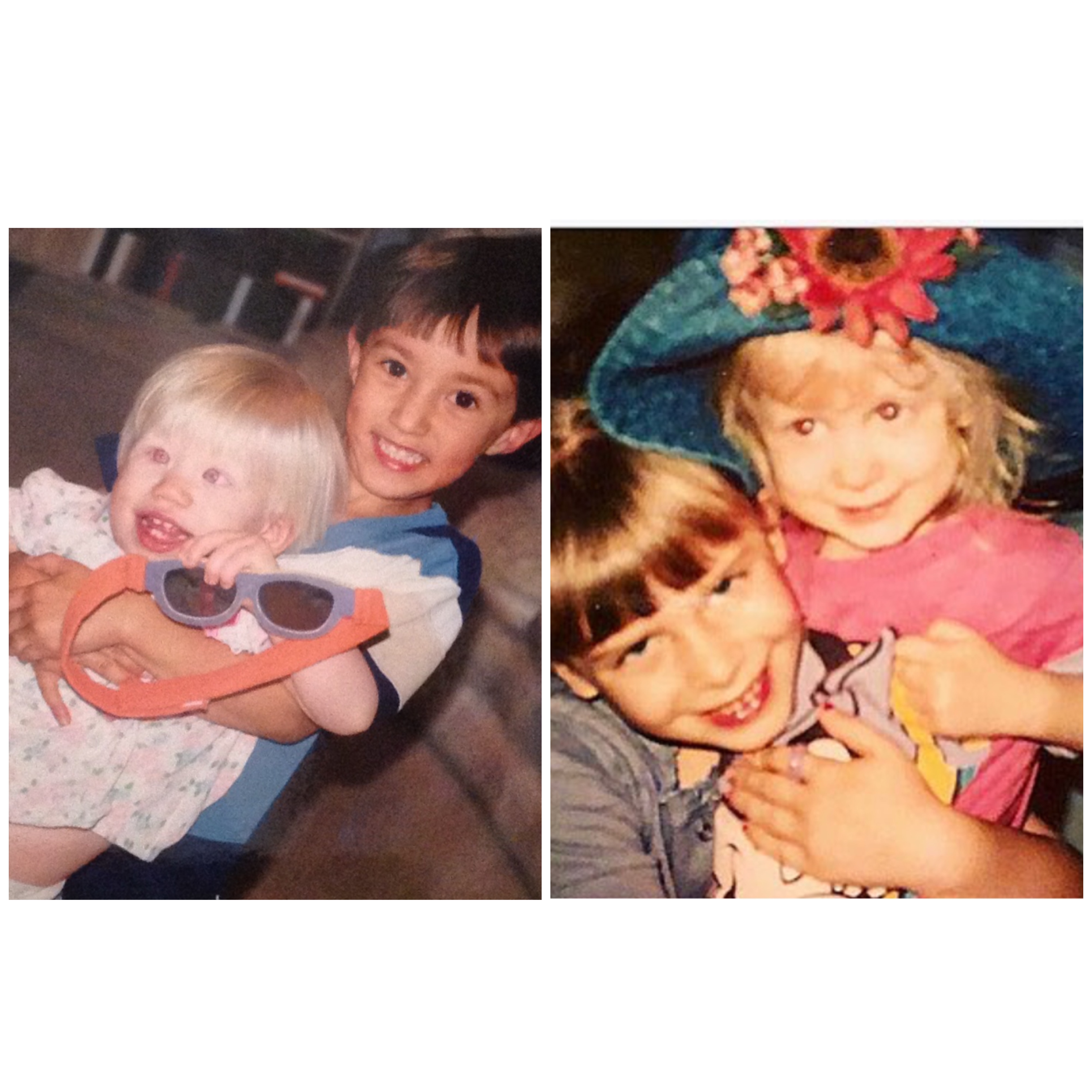 cass and case as toddlers with their older siblings. on the left, cass' brother carlos lifts her by her torso as they both smile at the camera. white-haired cass looks about 1 and brown-haired carlos about 4 as cass holds some sunglass goggles. case hugs her sister lynley as case wears a wide-brimmed hat with flowers. case looks about 3 and lynley looks 8