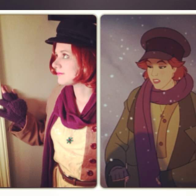 side by side collage of casey as anasatia with the animated ana on the right. case has the big black hat, red wig, pink scarf, oversized coat, and locket