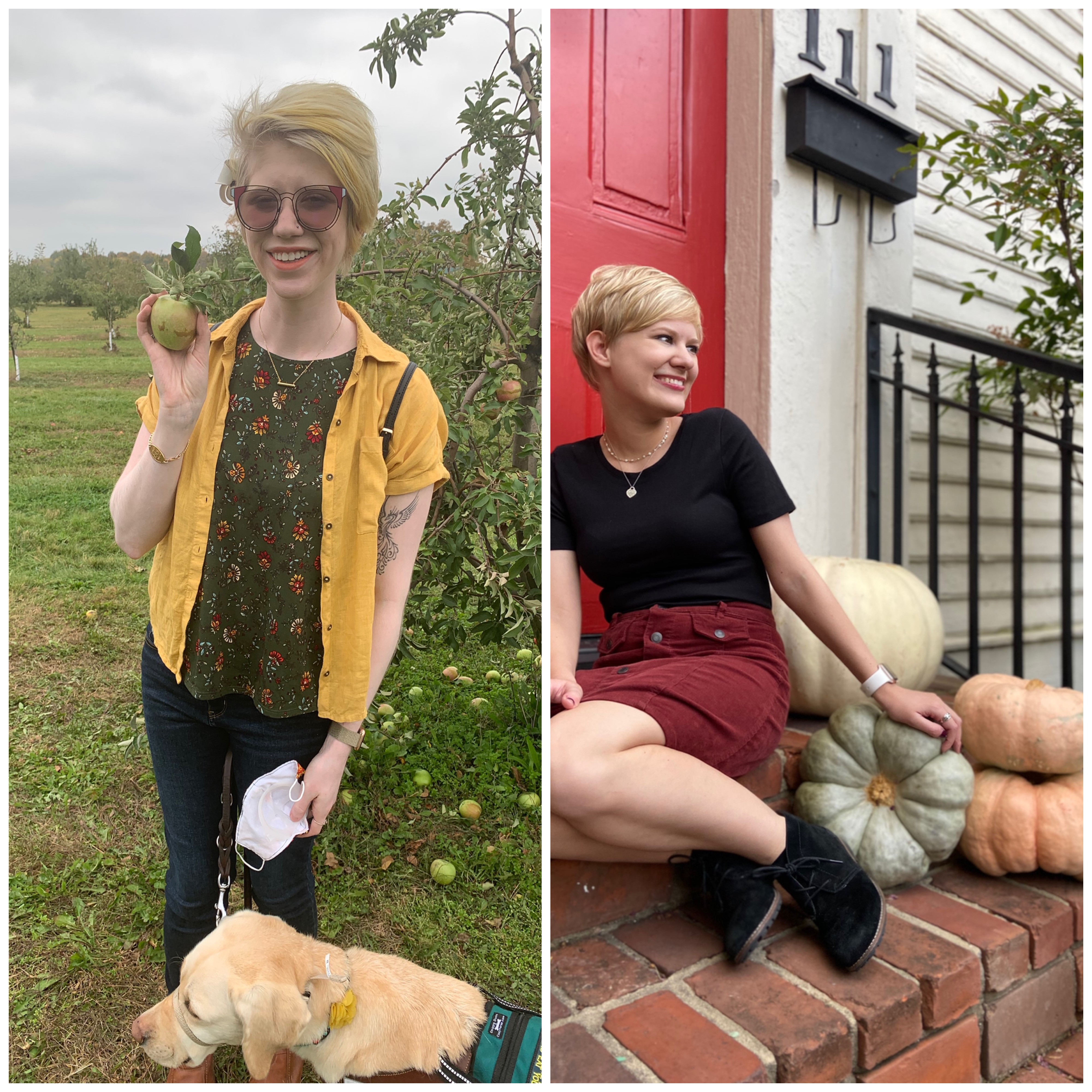 side by side collage of cass (left) and casey (right). cass smiles at the camera and holds an apple. she wears an open yellow button-up and a dark green floral top. casey sits on brick steps and smiles, looking to the right of camera posing next to pumpkins. she wears an open demin jacket, black top, and burgundy skirt