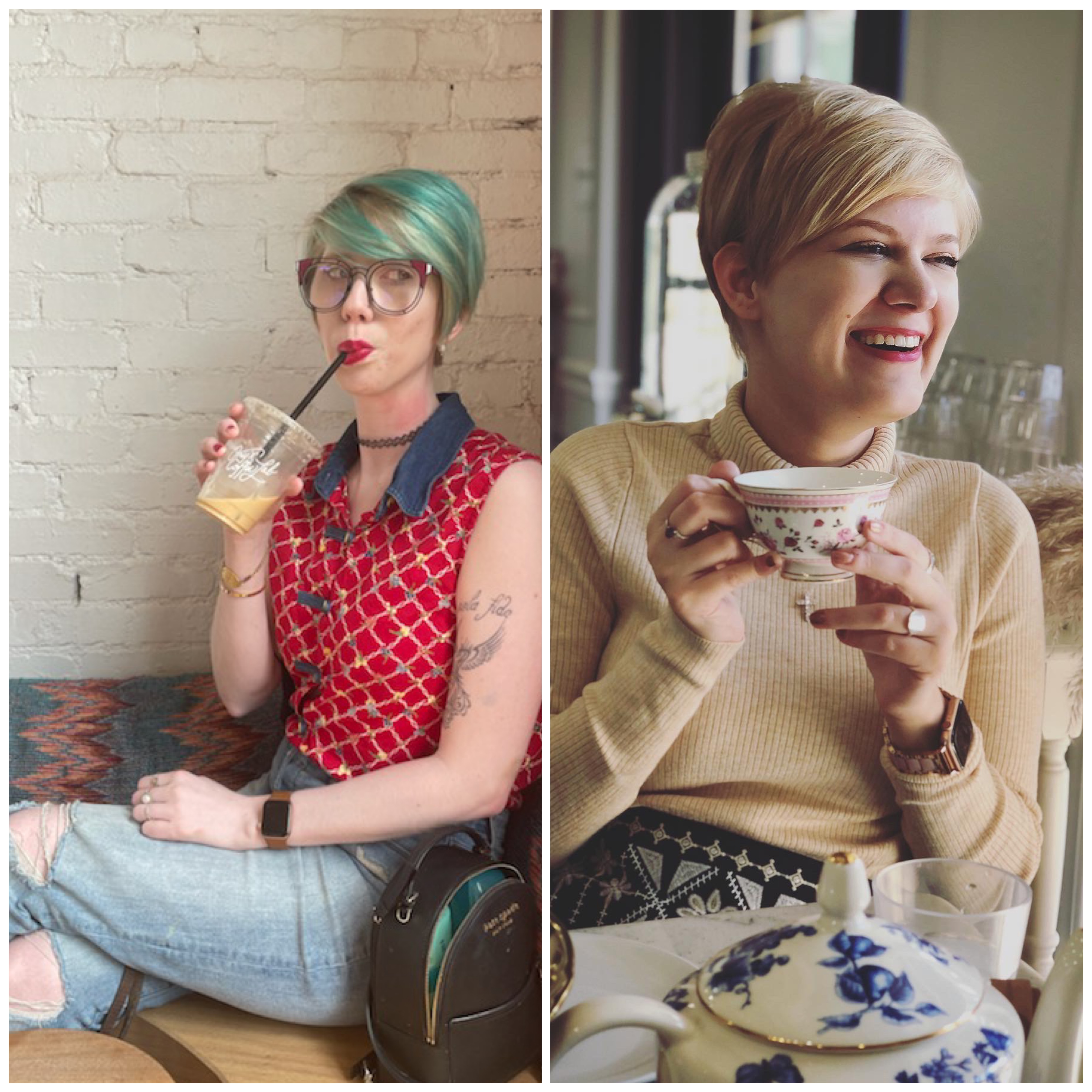 cassandra and case enjoy beverages. cass sips an iced coffee, sitting sideways and looking off to the right. she has teal short hair and wears a red sleeveless collared shirt she describes in ep 29. case laughs and looks off to the right, holding a ceramic teacup. she wears a beige mockneck sweater and has short blond hair