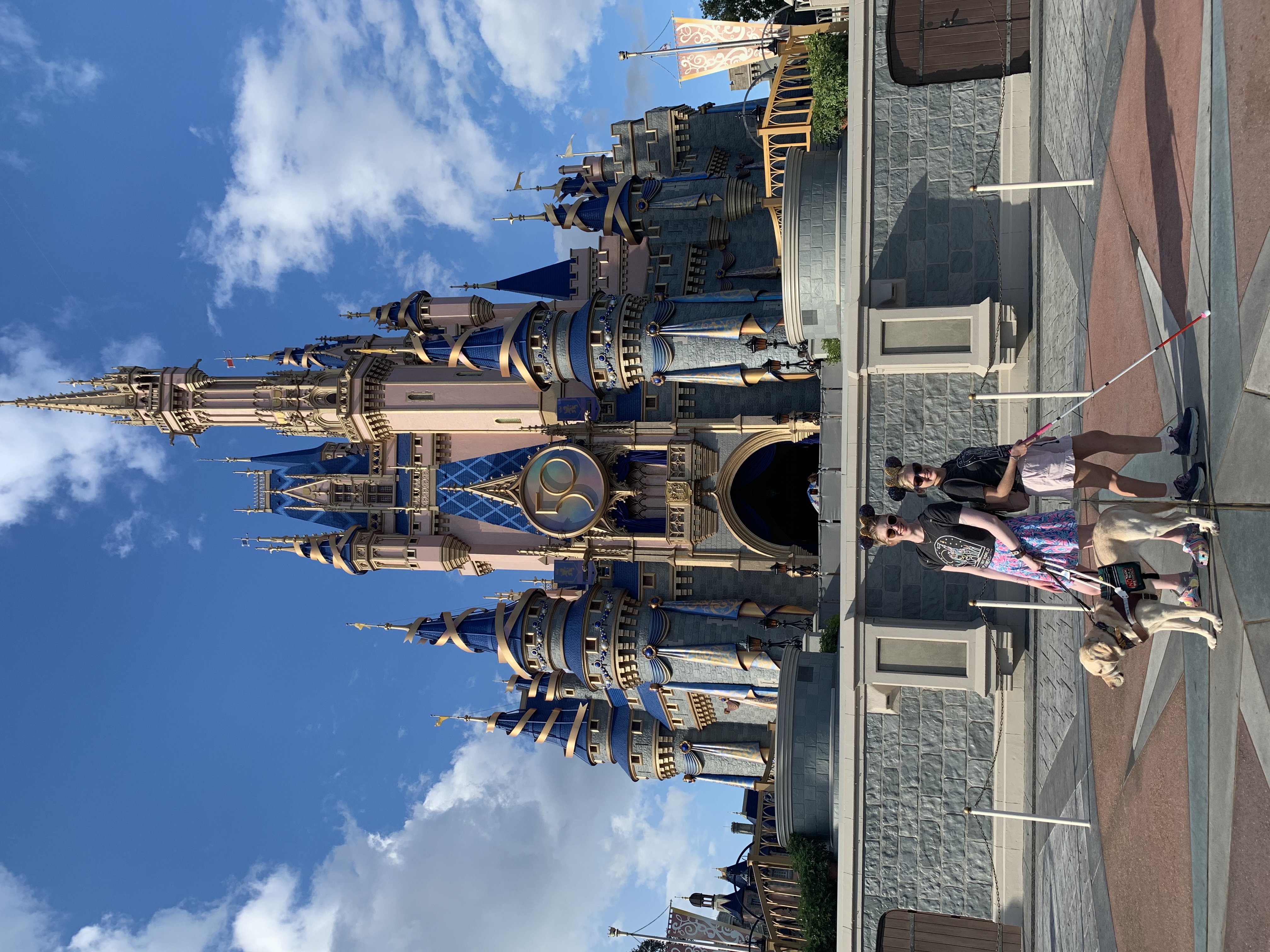 photo of case and cass in front of the cinderella castle in walt disney world's magic kingdom. they wear matching grey tshirts. cass wears a pink and blue patterned miniskirt and colorful crocs, and casey wears light pink shorts with grey sneakers. they pose in the style of the rare with flair cover art, with cass gripping romana's harness as ro faces left and casey holding her pink handled cane