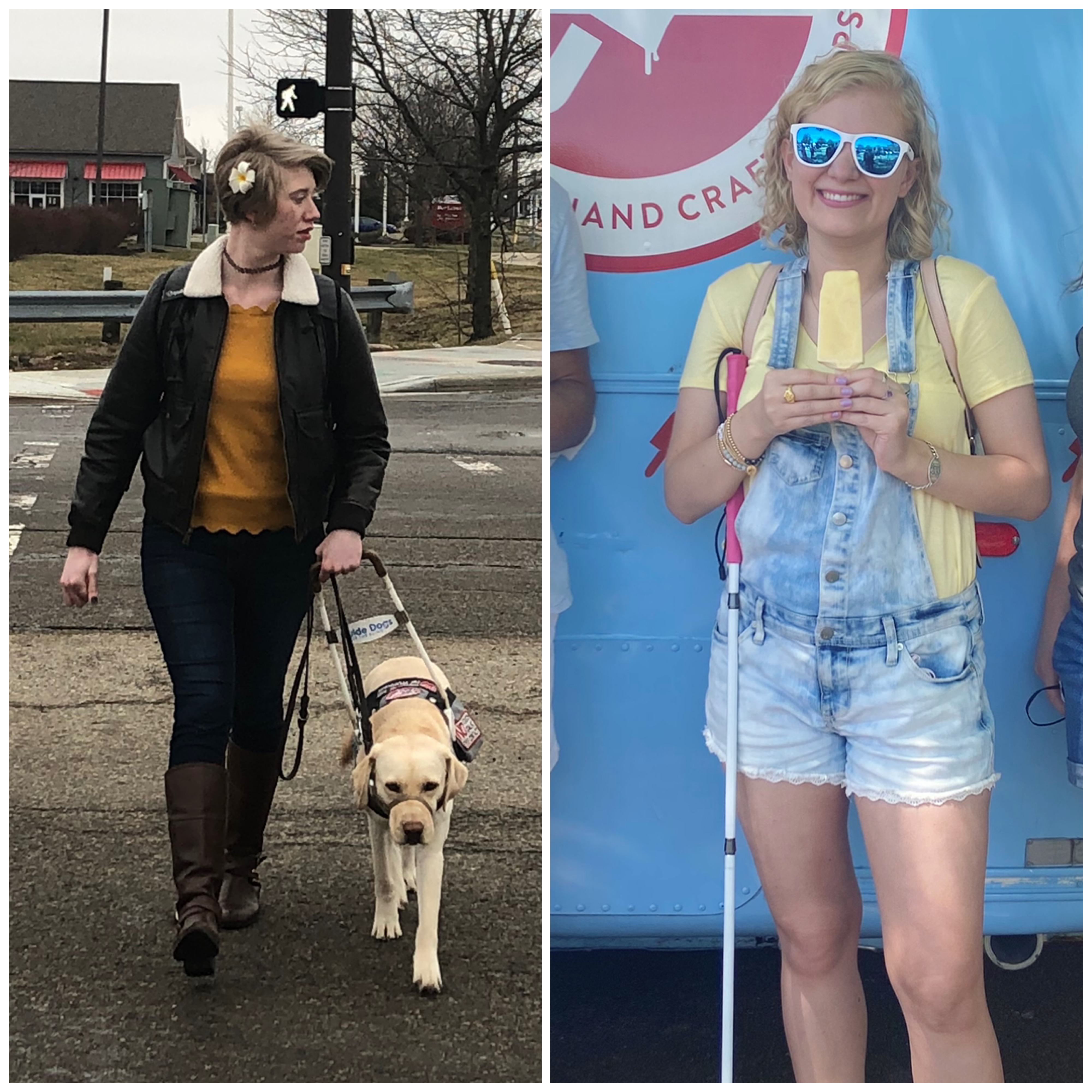 two photo collage of cassandra (left) and casey (right) with their mobility tools. cassandra crosses an intersection while guide dog romana guides her. she wears a yellow sweater, bomber jacket, and boots. casey smiles at the camera and holds her cane. she wears a yellow tee and denim overall shorts