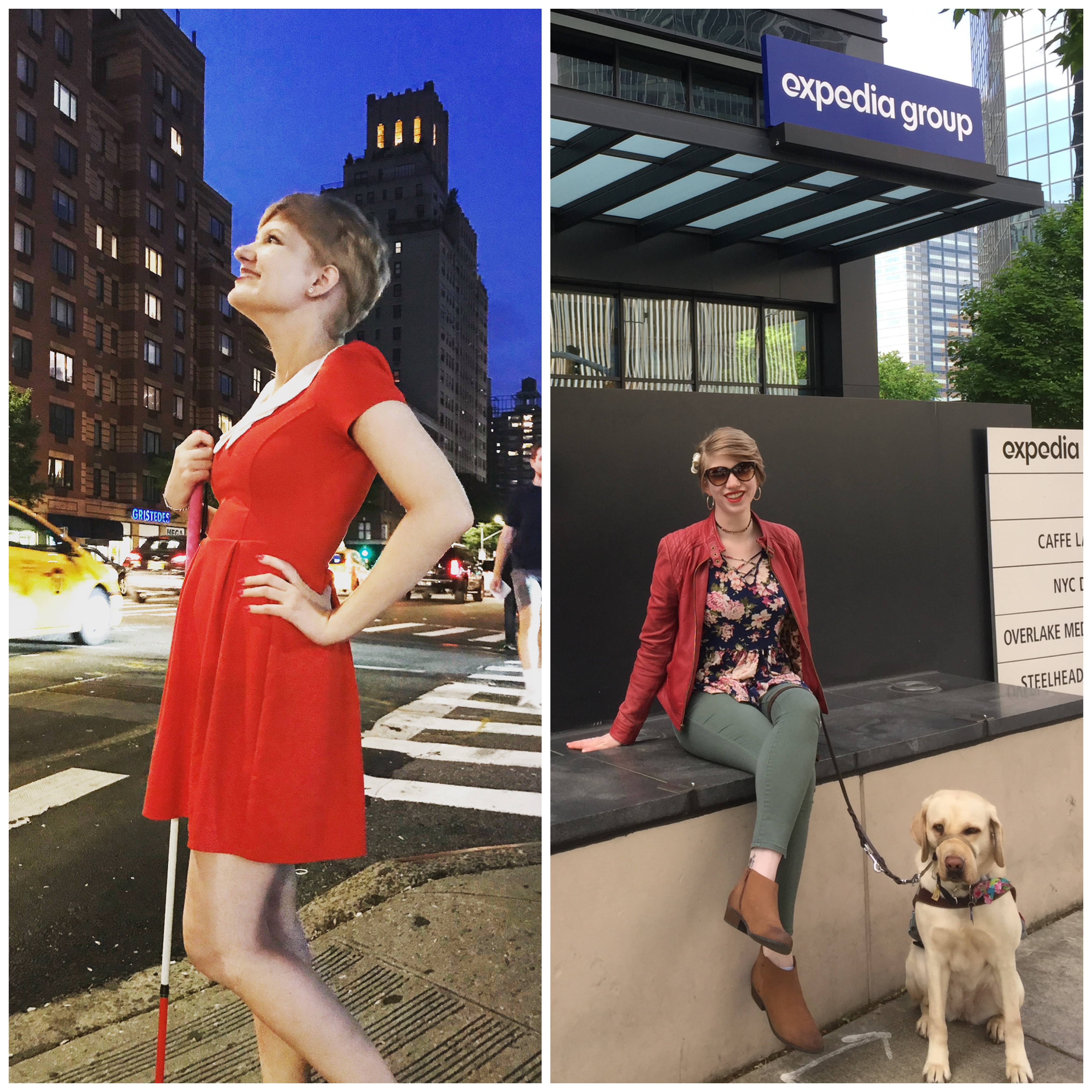 side by side collage of casey (left) and cassandra (right). short haired blonde casey poses on a street corner in manhattan. she wears a red dress with a large whit collar and stands facing left, holding her cane in one hand and with the other hand on her hip. behind her you can see the city with a yellow taxi and a pedestrian. cassandra sits on a ledge in front of an expedia building with romana next to her