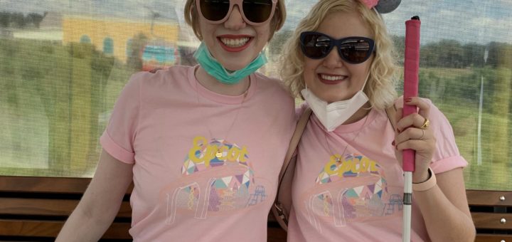 picture of case and cass in disney! they wear matching light pink tops with pastel print that says epcot. cass wears a white miniskirt and case wears white shorts, and both smile while sitting in the skyliner cable car