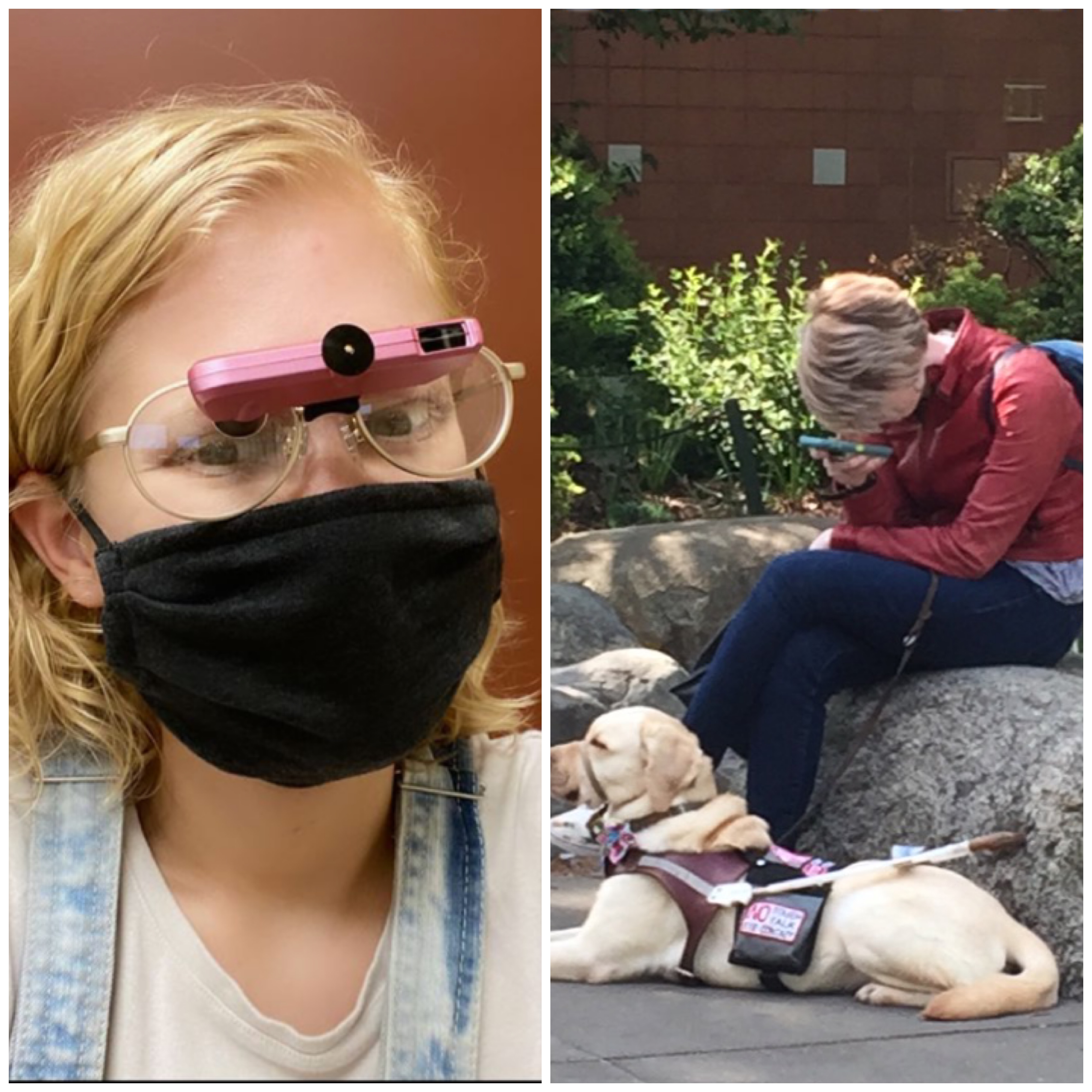 two photo collage of casey (left) and cass (right). casey wears a mask with her pink bioptics. cassandra sits outside with romana and bends down to look at her phone really closely.