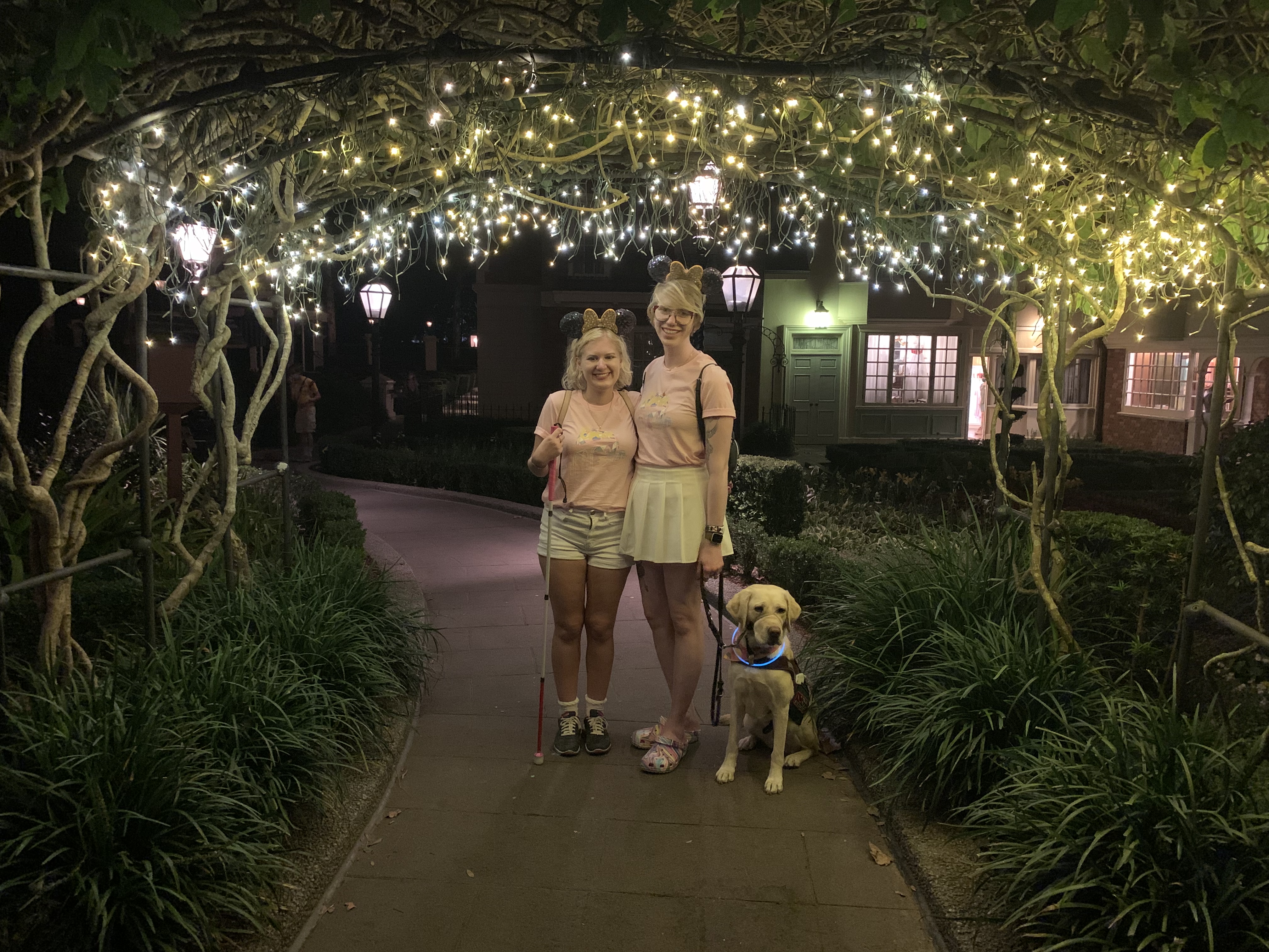 casey and cassandra in disney at night. they wear matching light pink tops, white bottoms, and identical mickey ears. they stand under an illuminated garden arch and smile with their arms around each other