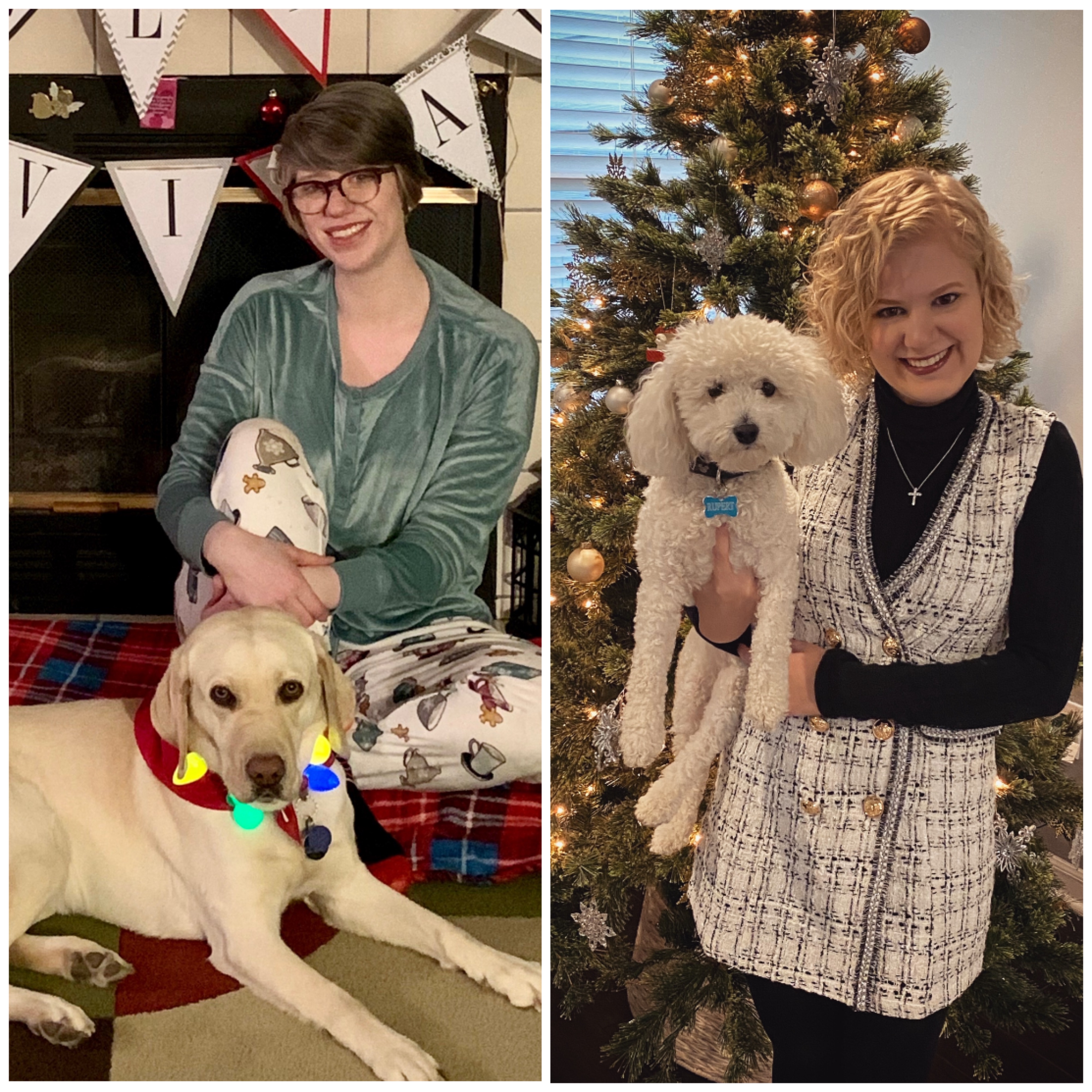 side by side collage of cass (left) and case (right). cass wears festive pjs and poses with romana and case stands in front of a christmas tree and holds rupert