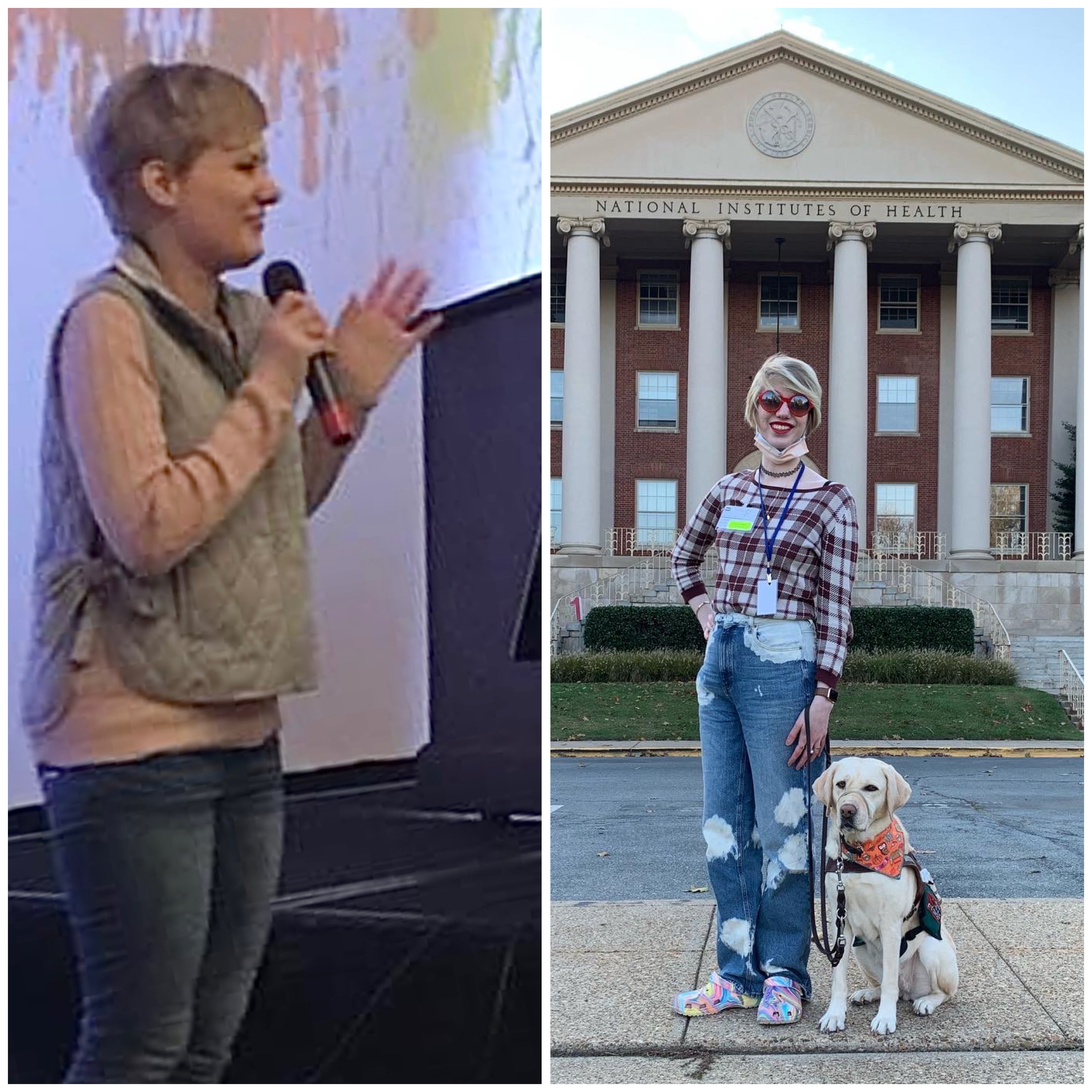 two photo collage of casey (left) and cassandra (right). casey speaks into a microphone at the HPS conference and wears a longsleeve shirt with a fuzzy vest. cassandra is at the NIH, posing in front of a building with columns, smiling with romana at her side