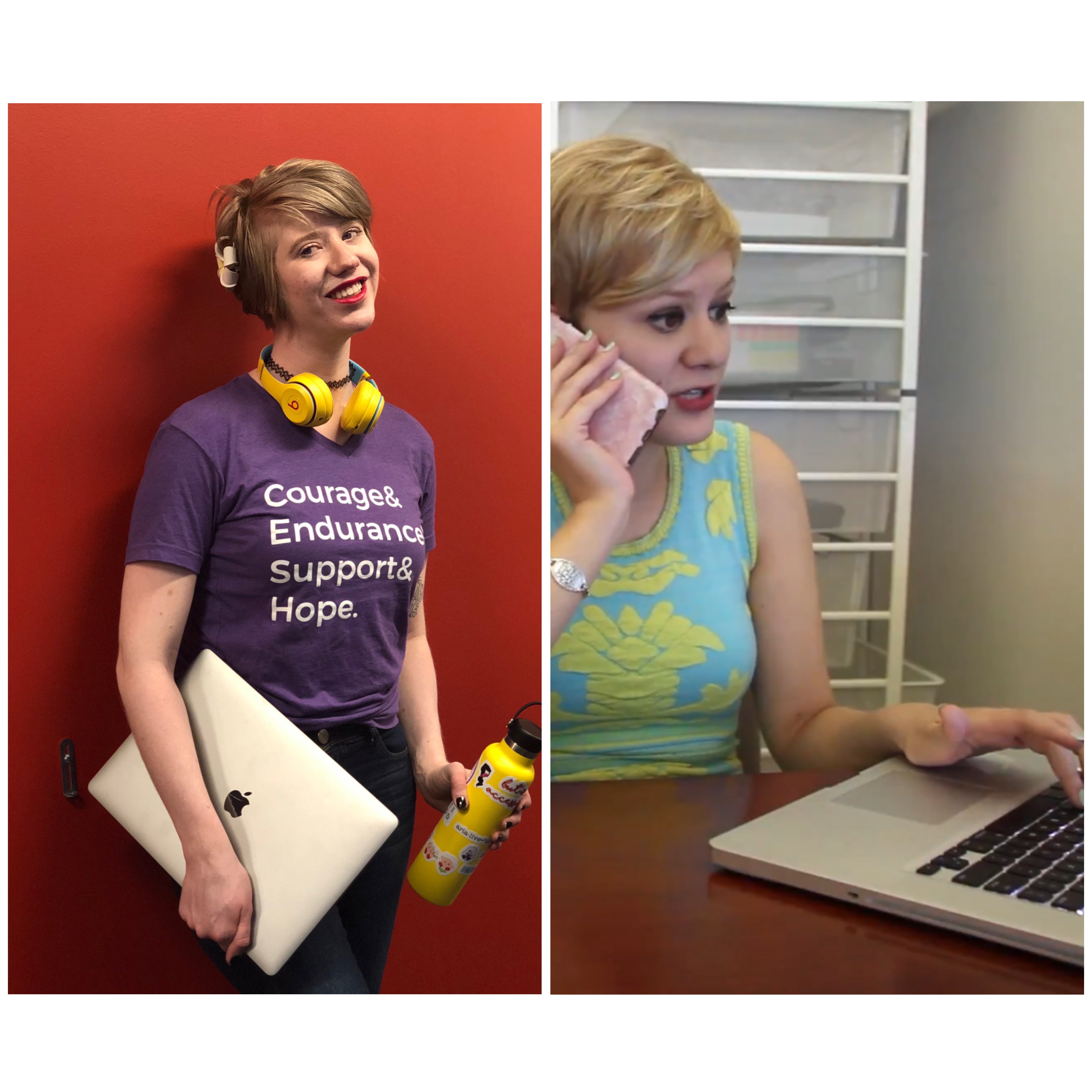 side by side collage of cassandra (left) and casey (right). cassandra stands against a red wall and holds her laptop, smiling. casey looks at her computer and talks on her phone, taking a call