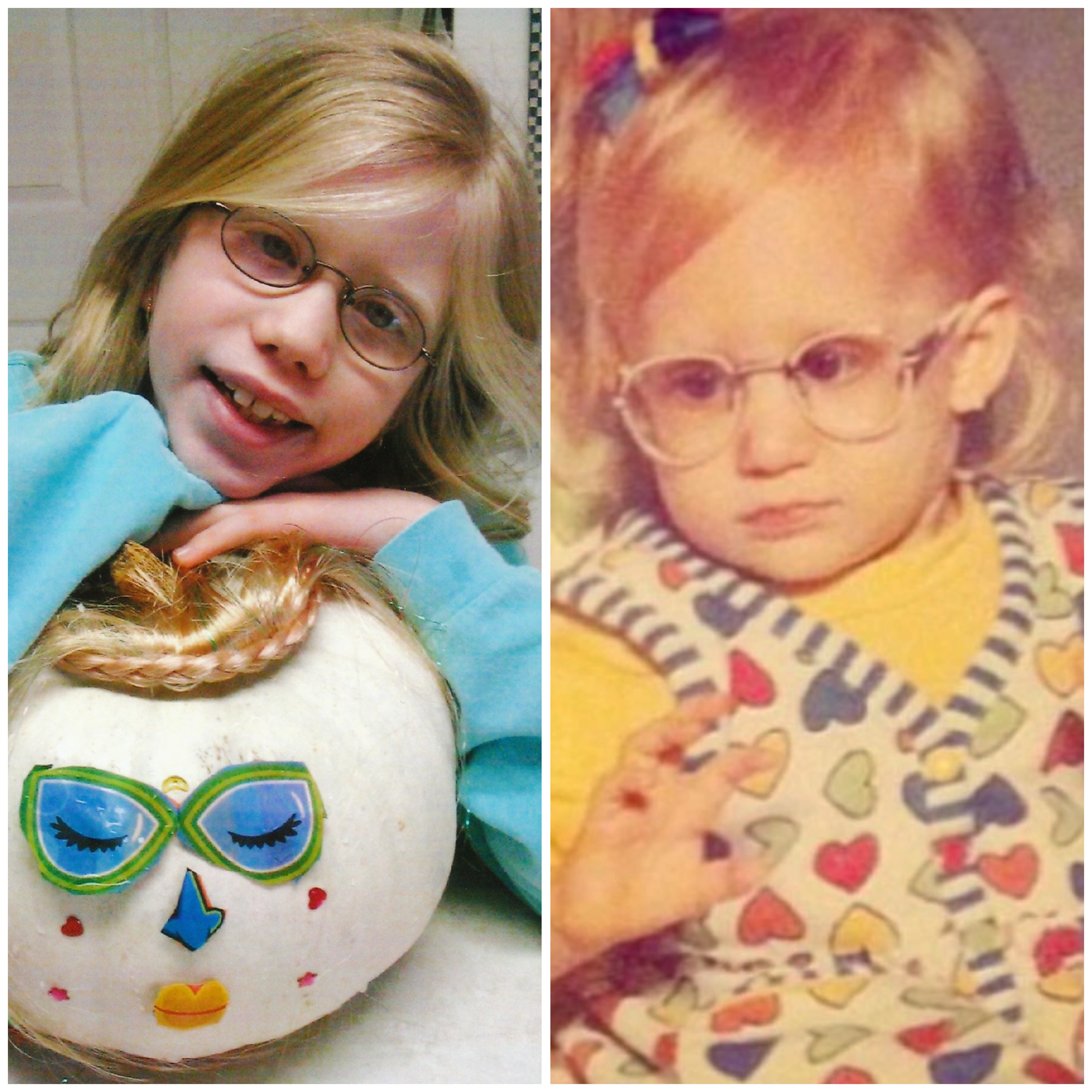 side by side collage of young cass and baby case wearing glasses! cass, about 7, wears small oval glasses and rests her hands on a white pumpkin decorated with a paper face. casey, about 1, wears baby sized pink glasses and stares off unsmiling. she wears a yellow too and jumper with multicolored hearts