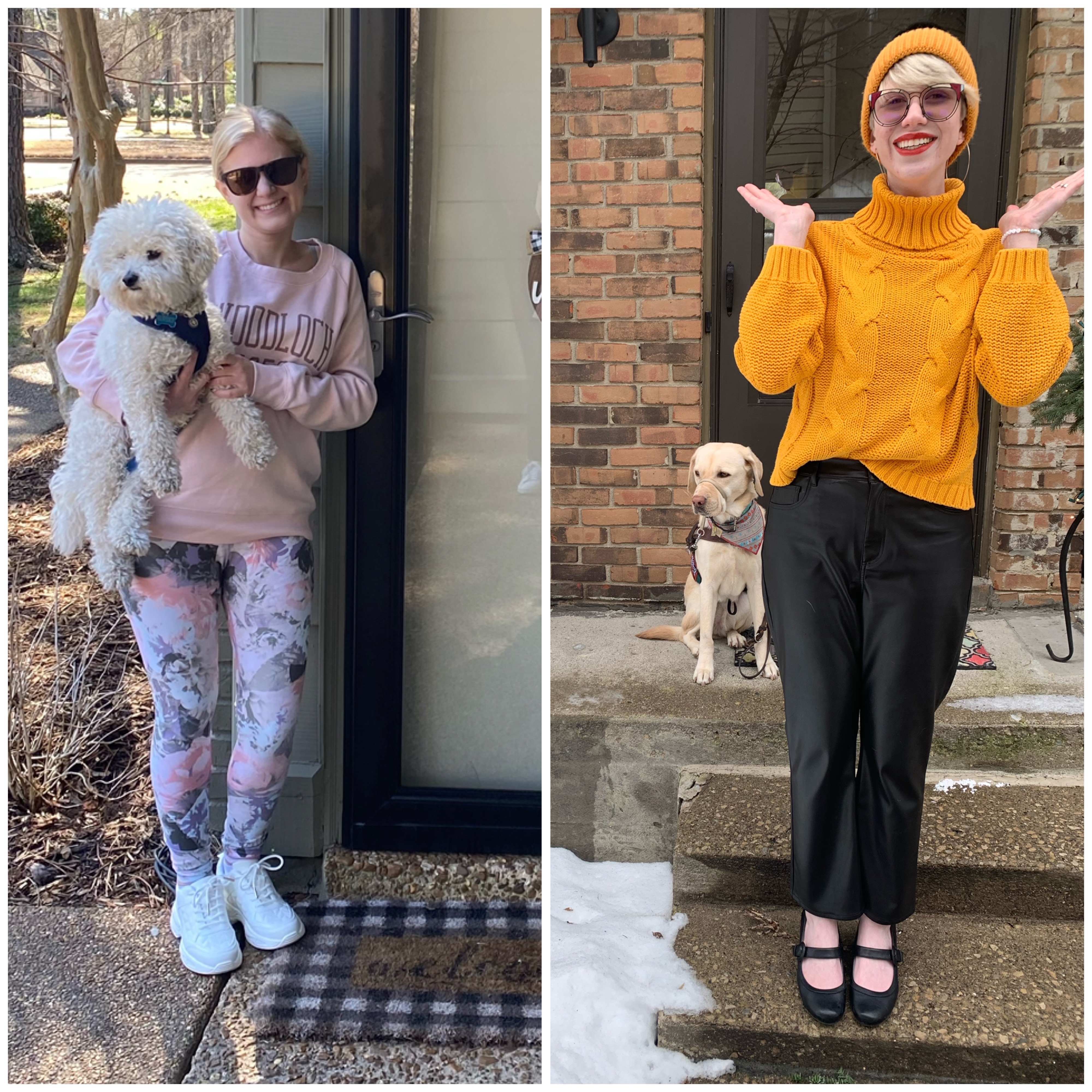 two photo collage of case (left) and cass (right) posing in front of their condos. casey holds her bichon frise rupert and wears an oversized pink sweater over tie dye pink, black, and white leggings. she wears sunglasses and smiles into the camera. cassandra stands in front of her door and lifts her hands to her shoulders with palms up. romana sits a few steps behind her, and cass wears a chunky knit yellow turtleneck, yellow beanie, and black faux leather pants