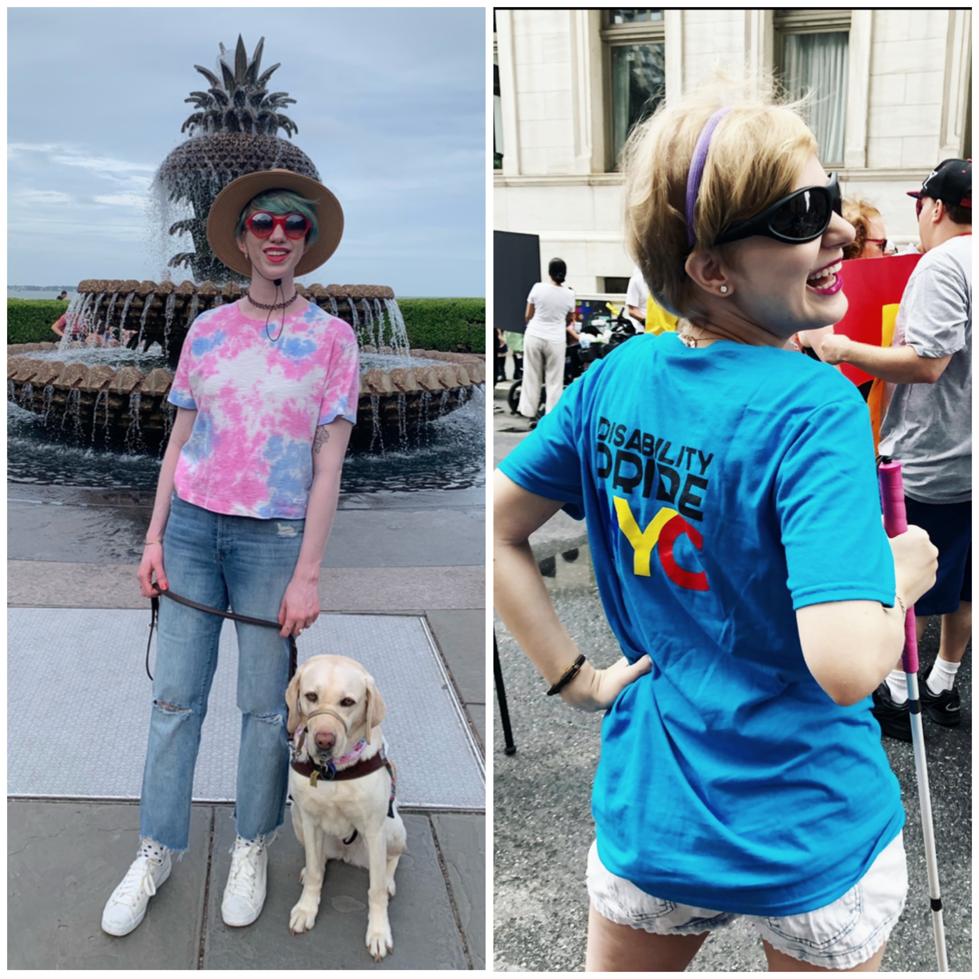 side by side collage of cass (left) and case (right). cass stands outside with a hat and sunglasses, smiling at the camera with romana by her side. case stands with her back to the camera and head turned sideways, smiling, and wearing a disability pride NYC tee