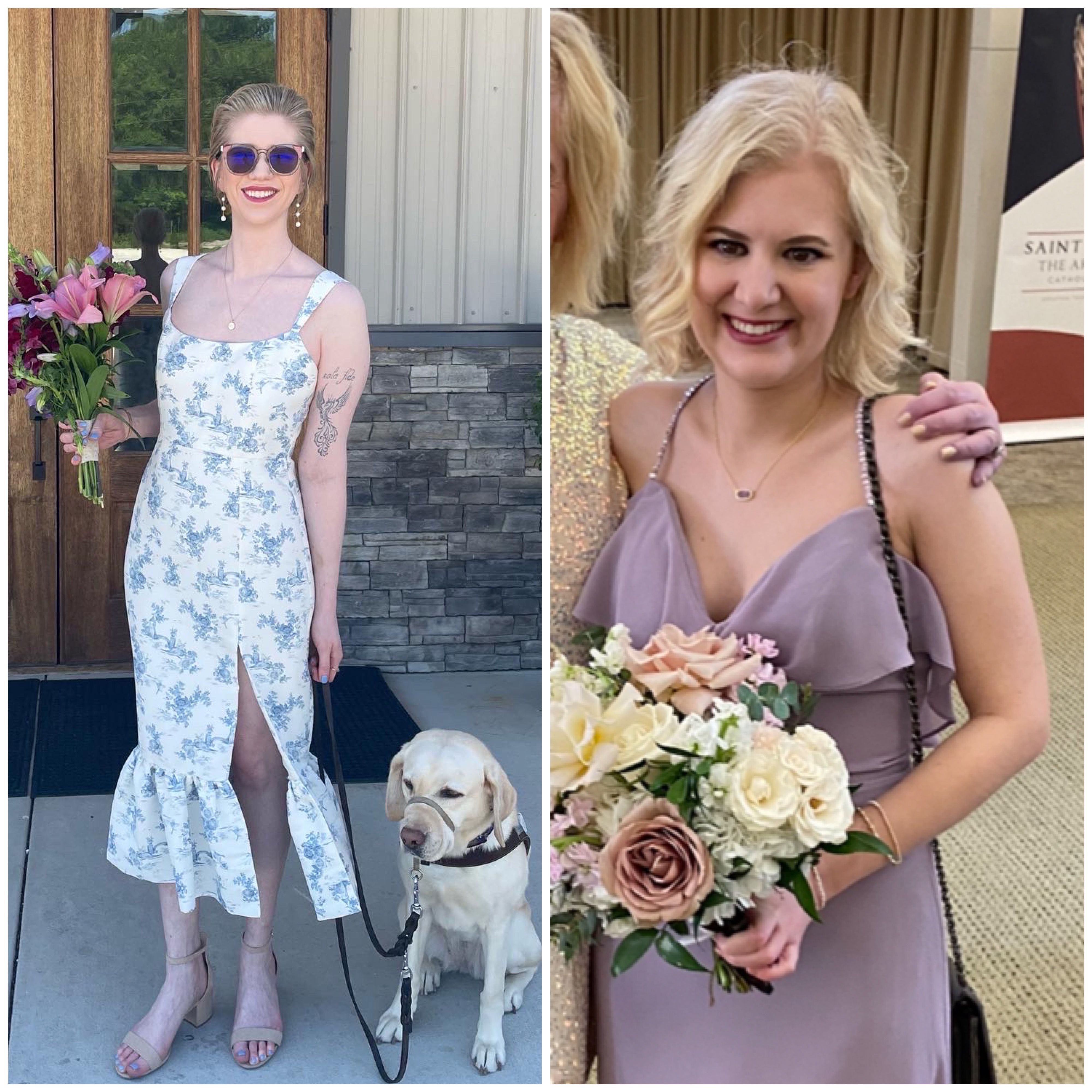 two photo collage of cass (left) and case (right) wearing bridesmaid gowns and holding bouquets. cass wears a tea-length white dress with a light blue pattern and a slit up the left leg. cass has her short hair pulled back and holds a multicolor bouquet. case wears a lavender gown with a v-neck ruffle on the bodice. case has her bob-length hair styled in curls and holds a white and pink bouquet 