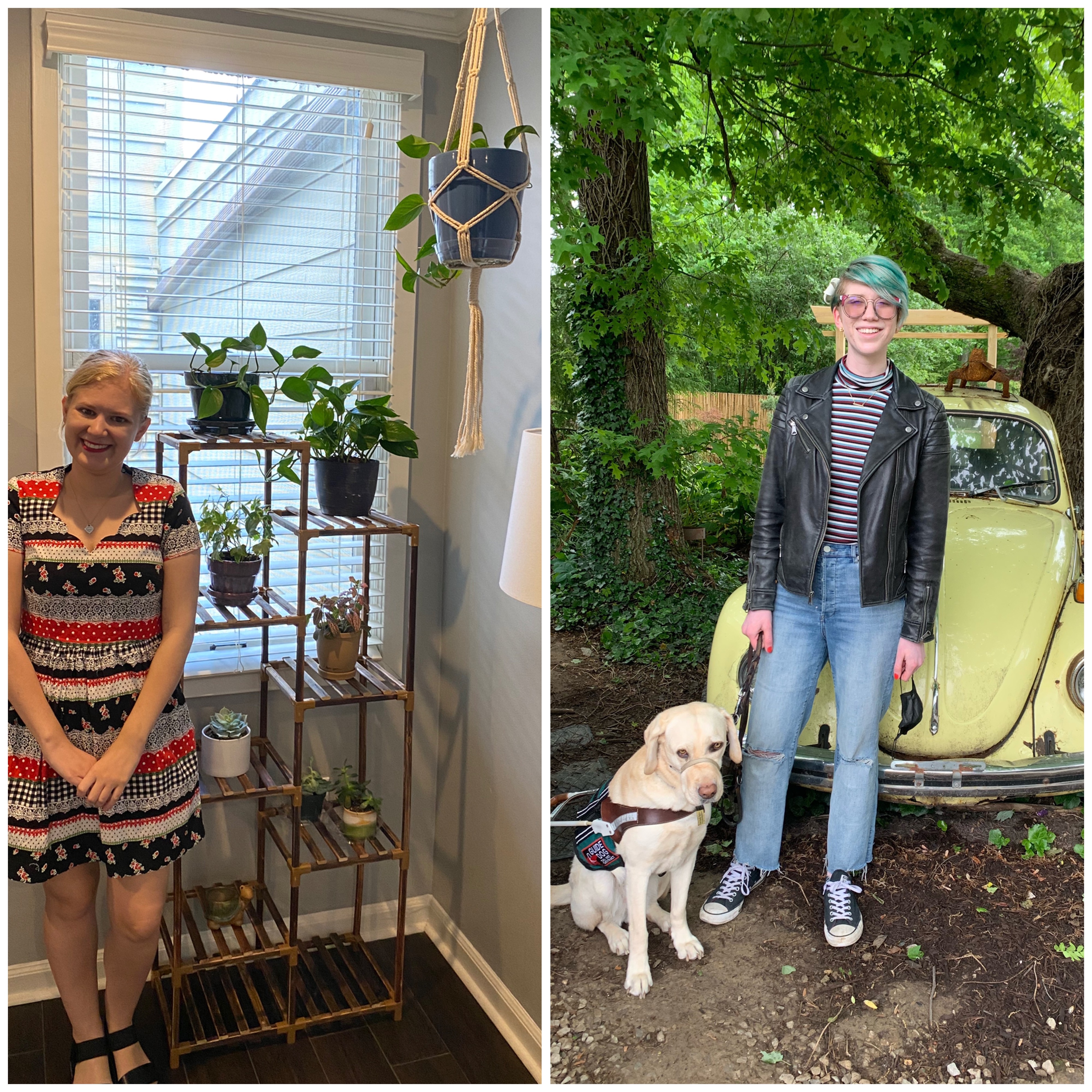 side by side collage of casey (left) and cassandra (right). casey stands by her tall, alternating shelves with beautiful green plants on them and smiles, wearing a striped dress. cassandra stands in front of a vintage yellow bug car in a plant nursery, smiling with romana, and wears a striped turtleneck with a black leather jacket and sports a teal pixie cut