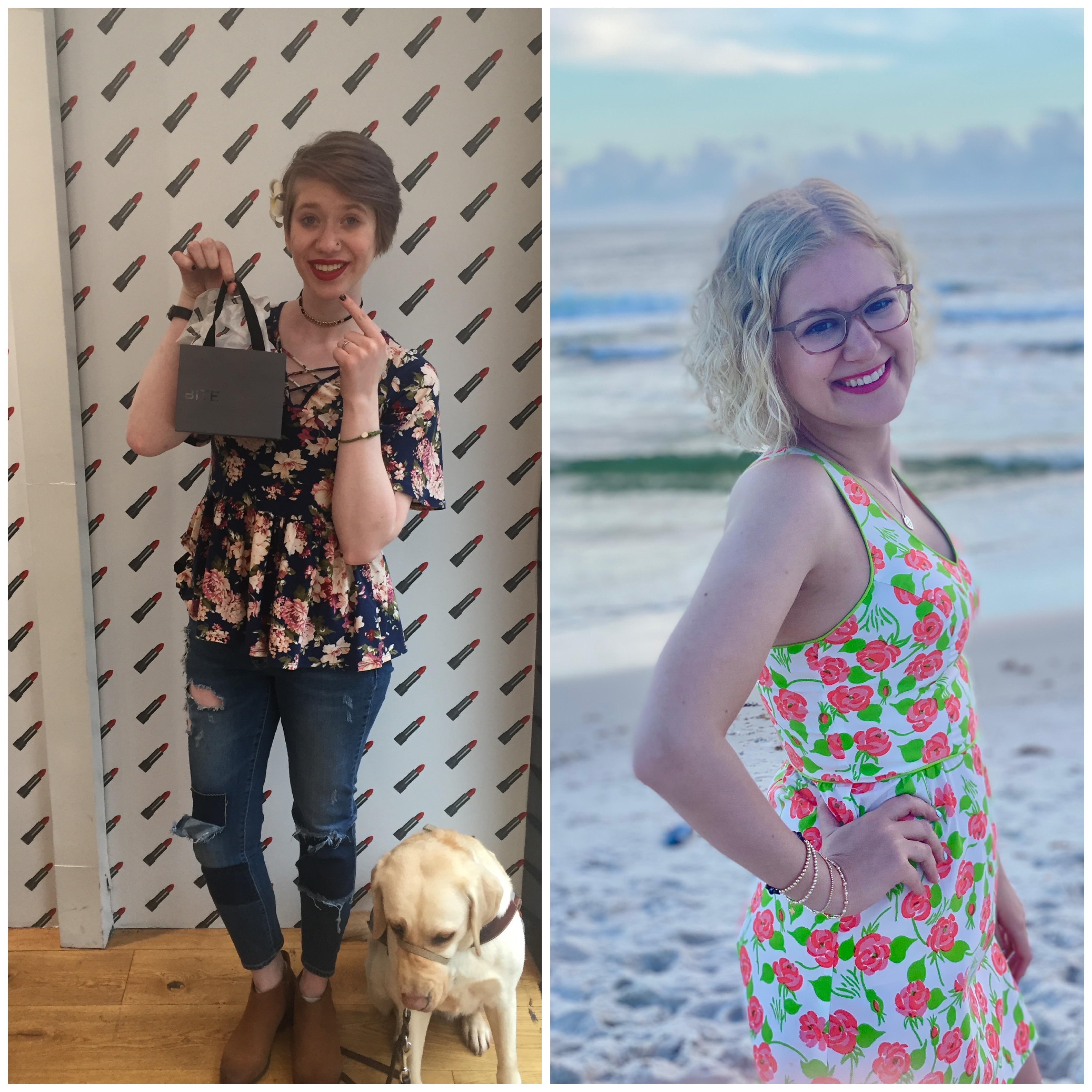 side by side collage of cassandra (left) jaw casey (right). cassandra stands in front of wall with lipstick wallpaper and smiles excitedly holding a black shopping bag and pointing at her red lips. casey wears a colorful dress with strawberries and smiles over her shoulder as she stands on a shore