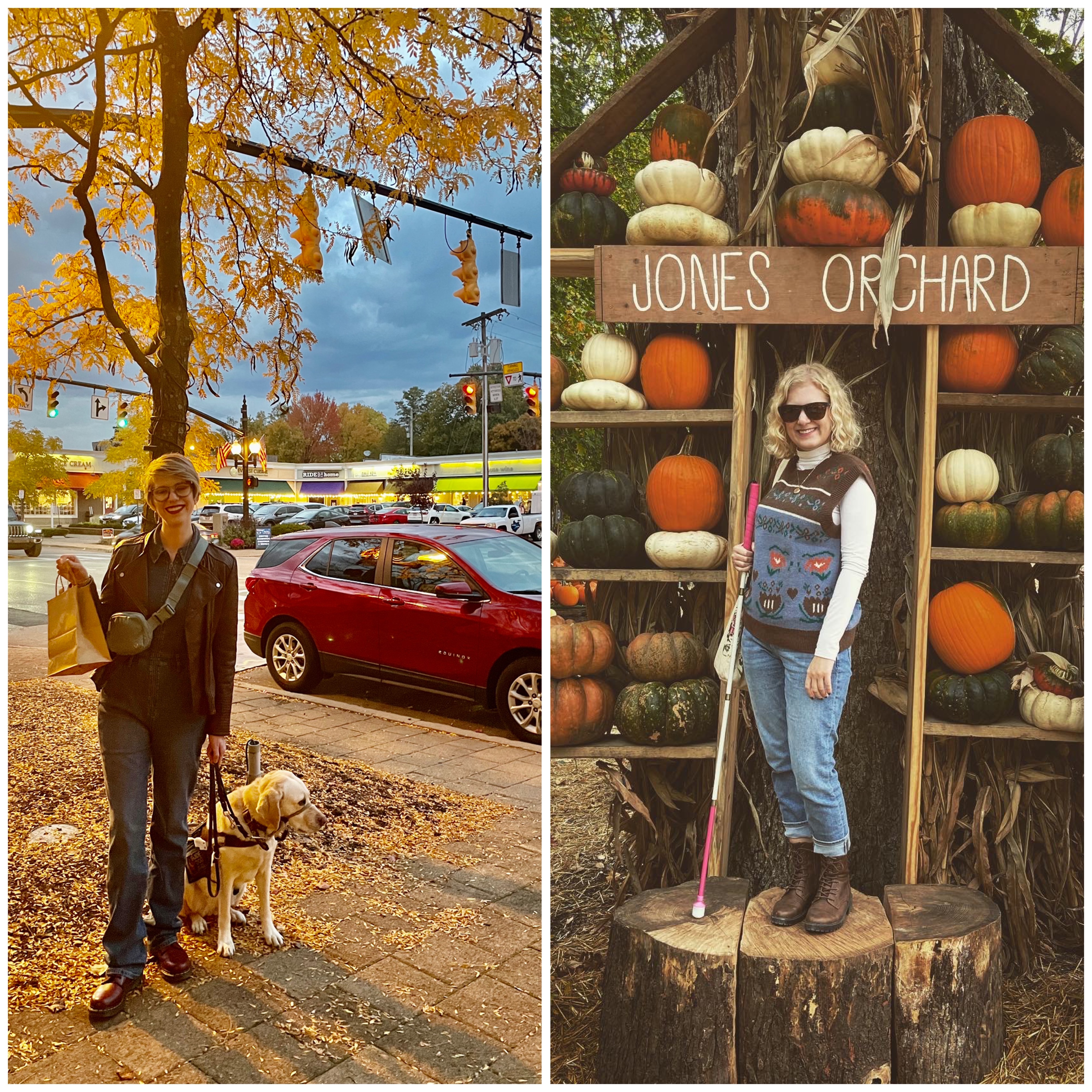 side by side collage of cassandra (right) and casey (left). cassandra stands outside at dusk with fall leaves around her and romana and wears a leather jacket and denim jumper. casey stands in front of shelves with multicolored pumpkins and gourds and wears a sweater vest and sunglasses