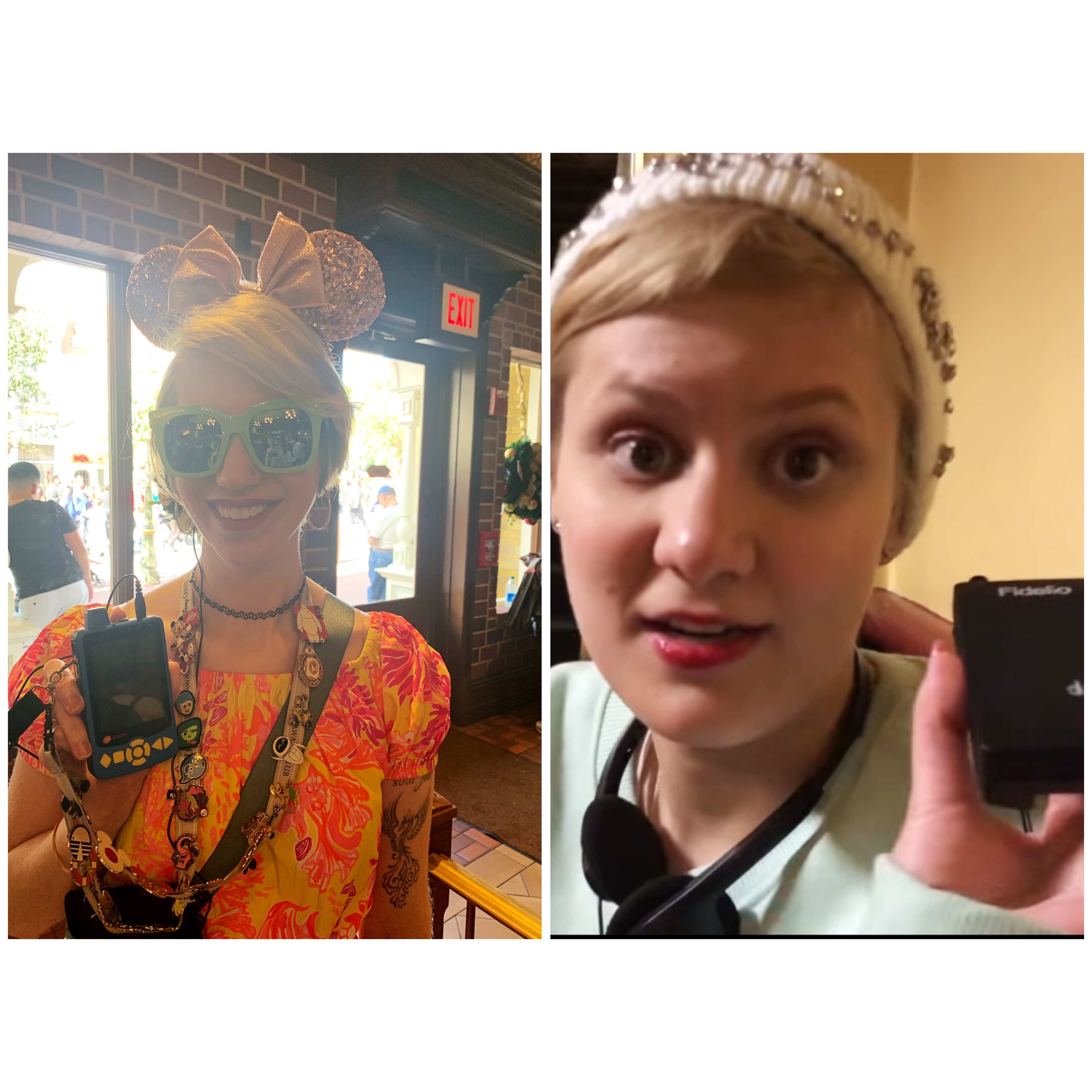 side by side collage of cass (left) & case (right). cass wears sunglasses and minnie ears while holding a chunky blue device. case smiles softly and jhods a black audio description device with over ear headphones around her neck